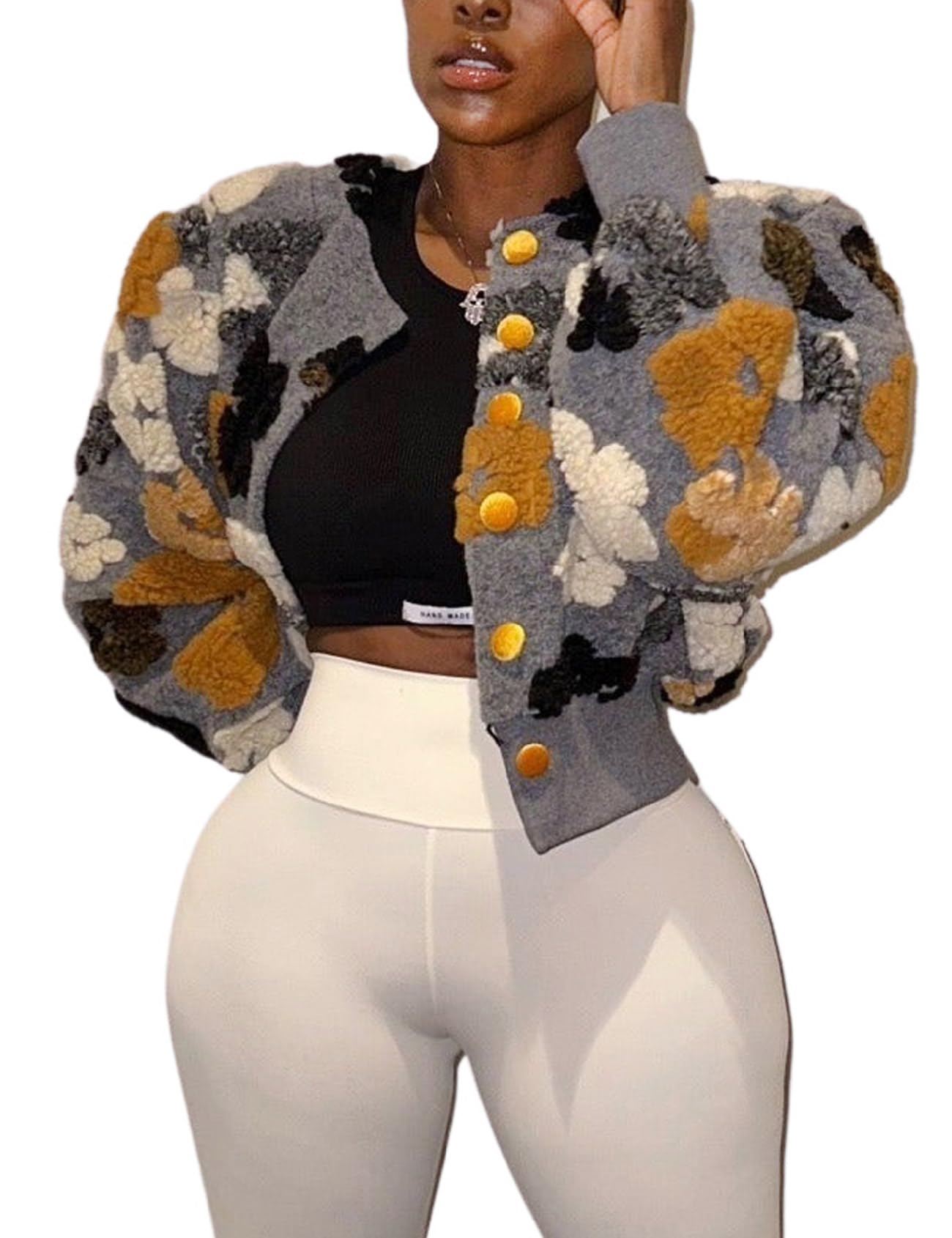 Womens Cropped Floral Print Jacket Warm Fleece Bomber Jacket Casual Button Down Coats Fall Puff Outerwears