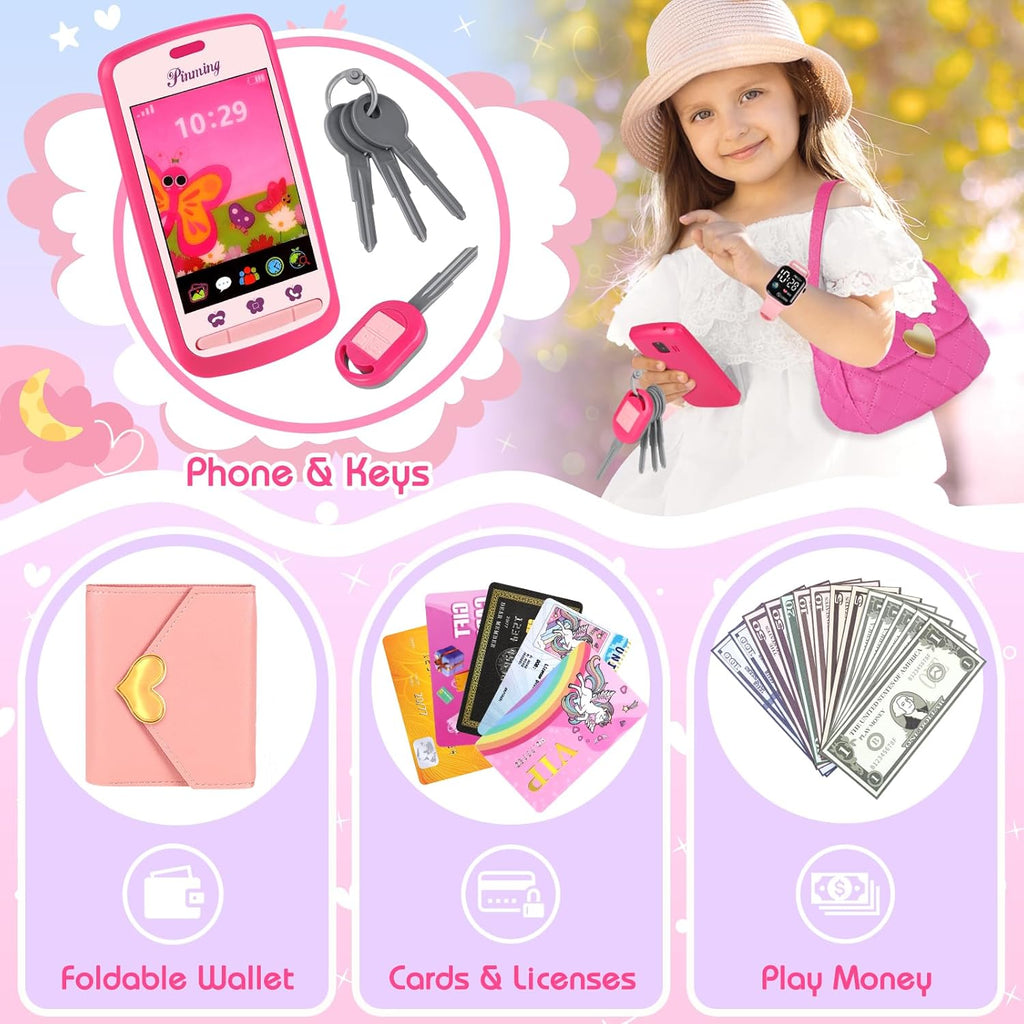 Kids Play Purse for Little Girls Toddlers, Toy Purse with Accessories, Wallet, Fake Phone, Fake Makeup Toys & Play Jewelry, Toddler Pretend Play Toys for Girls, Little Girl Gifts Age 3 4 5 6 Year Old