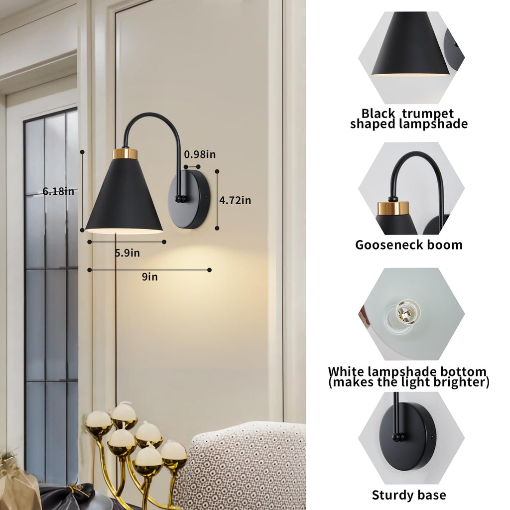 Powfloven Vintage Rechargeable Wall Sconces Set of 2, Battery Operated Bedside Wall Lamps with Remote Control, Wireless Gooseneck Indoor LED Lights Fixture for Bedroom Hallway, Black