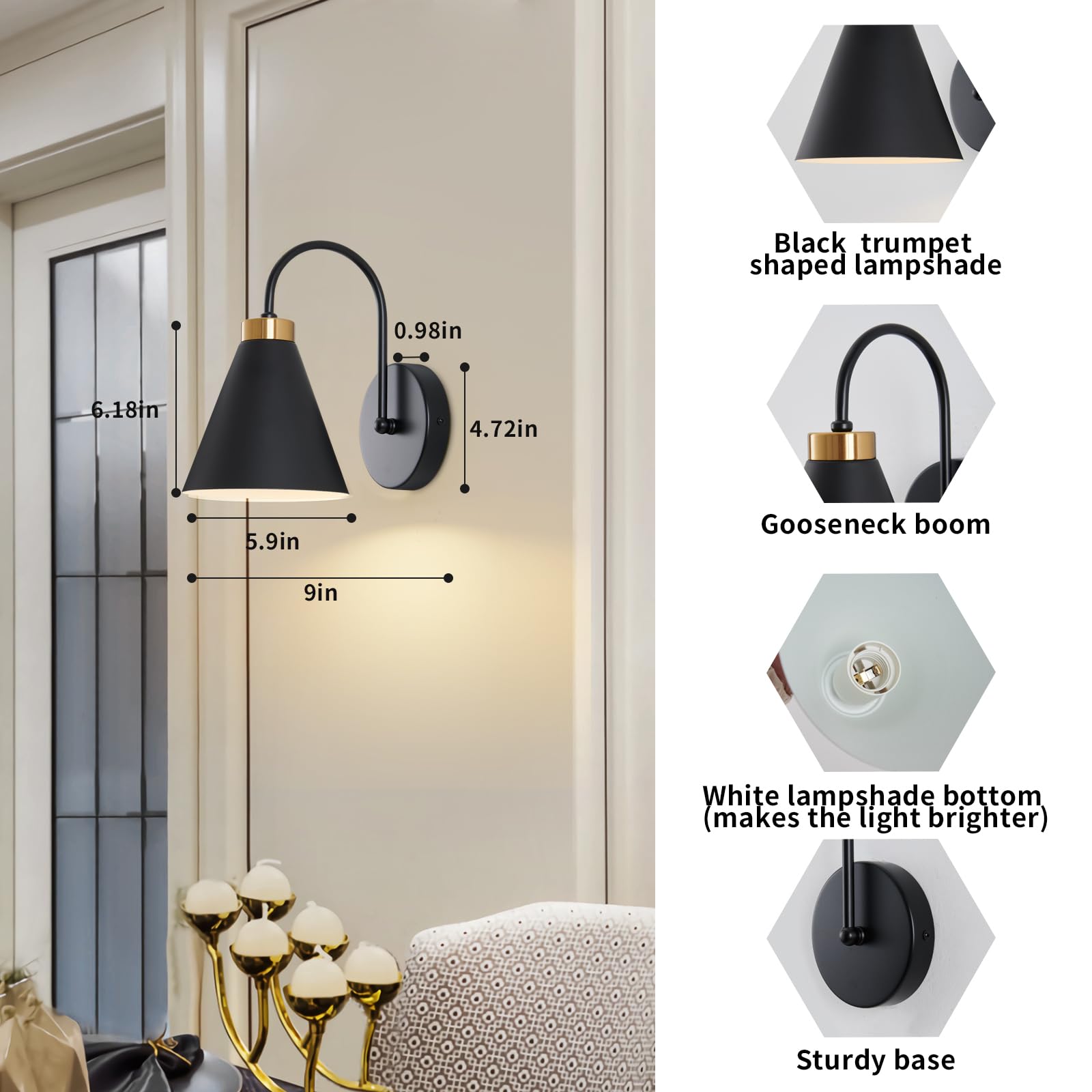 Powfloven Vintage Rechargeable Wall Sconces Set of 2, Battery Operated Bedside Wall Lamps with Remote Control, Wireless Gooseneck Indoor LED Lights Fixture for Bedroom Hallway, Black