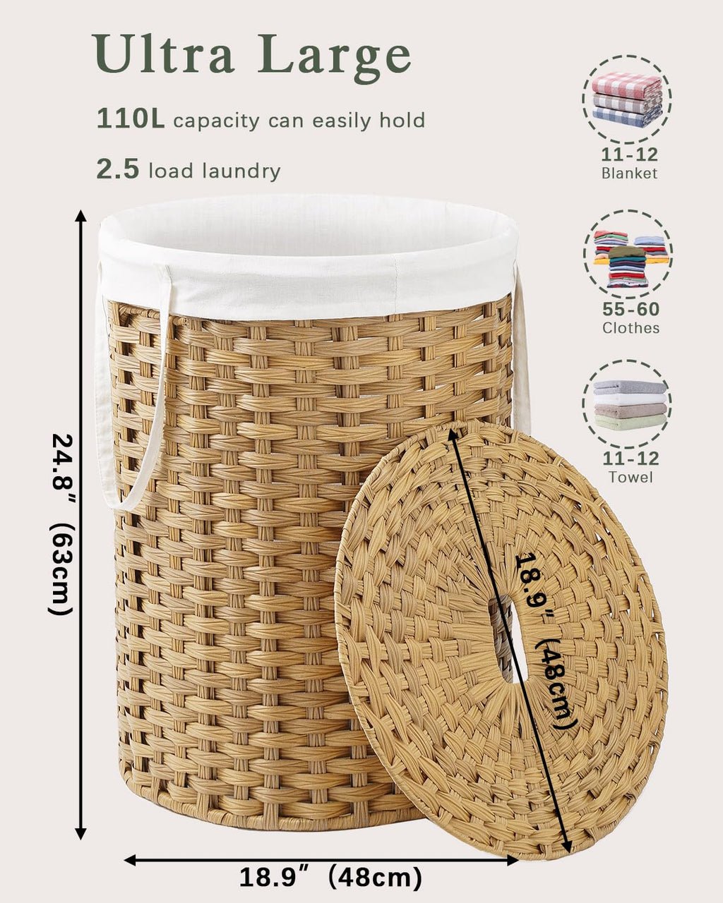 SETVSON Laundry Hamper with Lid Laundry Basket with Lid 19.0 Gal (72 L) Round Wicker Laundry Basket Handwoven Rattan Basket with Lid Removable Bag 2 Mesh Bags Handles for Living Room Bathroom Black