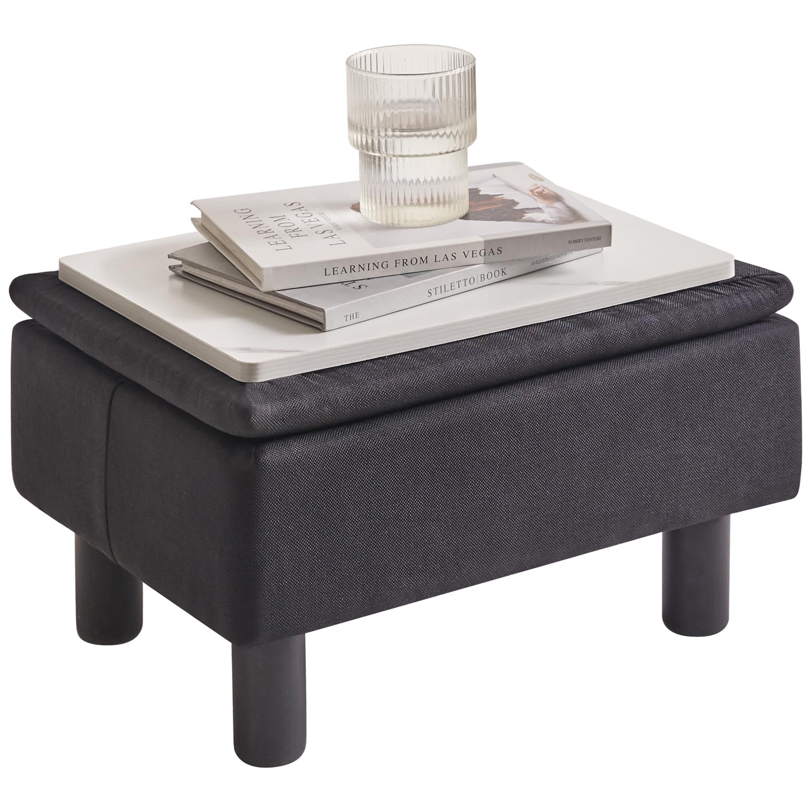 IBUYKE 16.54" Small Footstool, PU Faux Leather Step Stool, with Padded Seat Pine Wood Legs and Padded Rectangular Stool, for Bedroom, Black RF-BD210