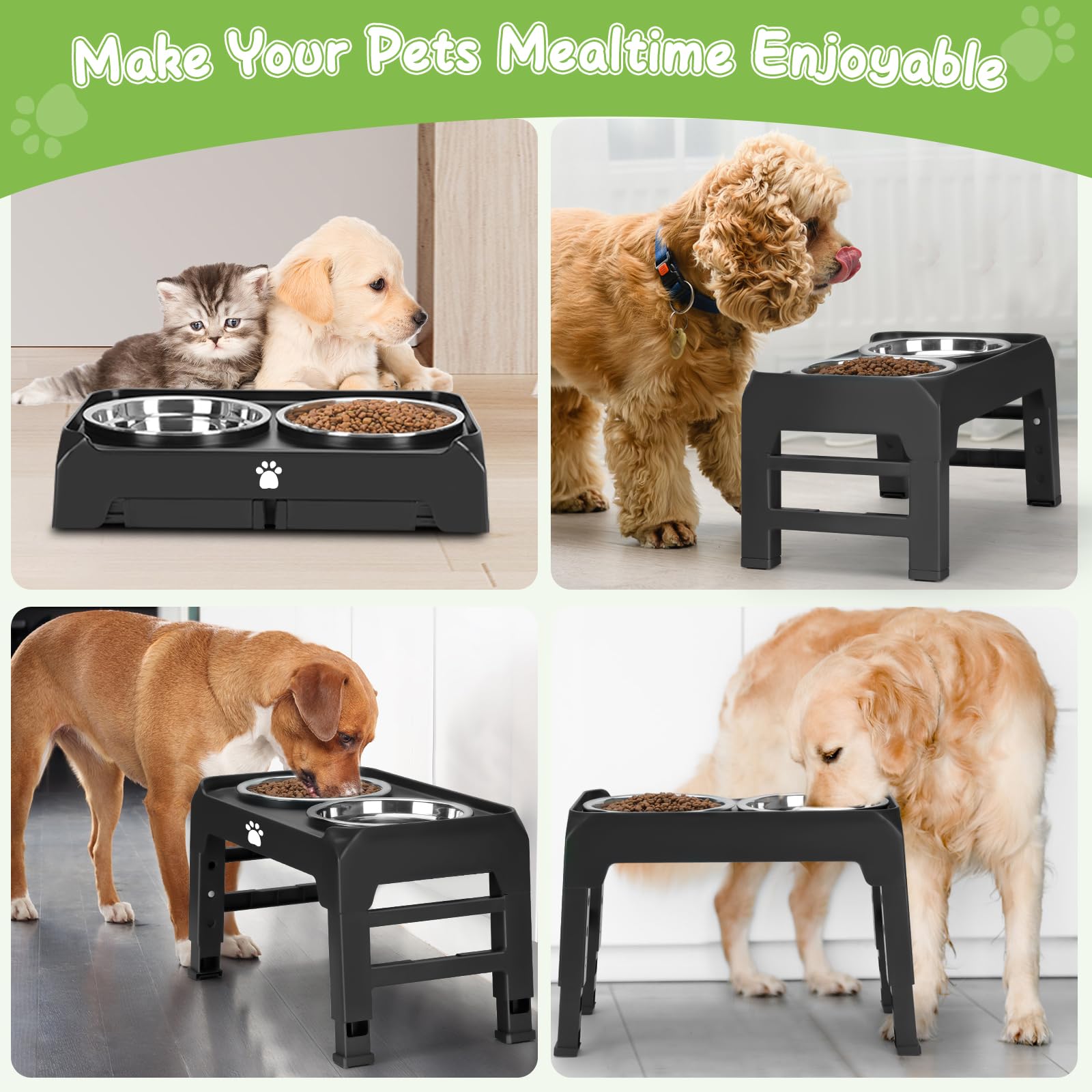 Elevated Dog Bowls 3 Height Adjustable Raised Bowl Stand with 25oz Stainless Steel Dog Food Bowls Anti-Slip for Small Dogs Adjusts to 7.5", 6", 2.75", Black