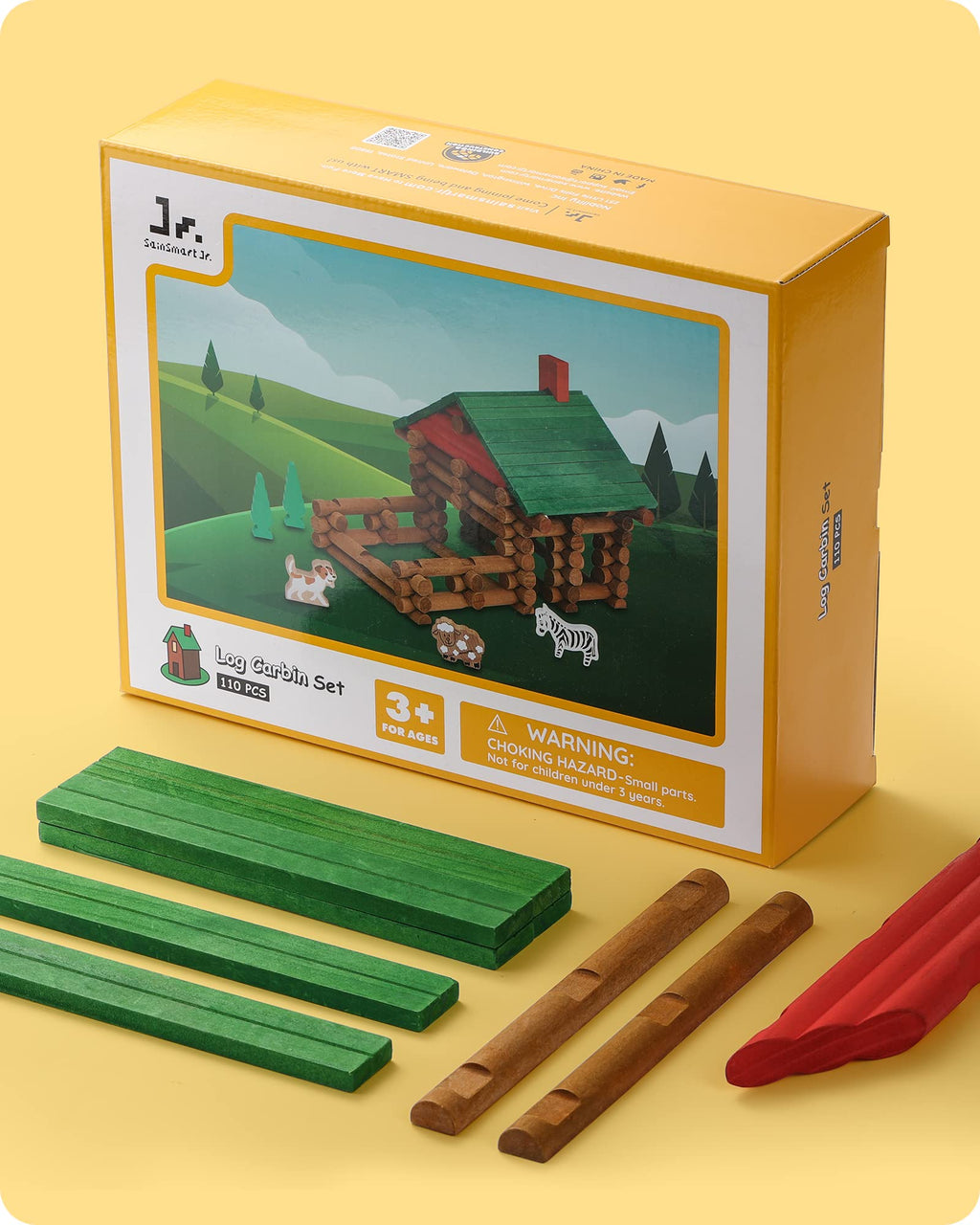 SainSmart Jr. 110 PCS Wooden Log Cabin Set Building House Toy for Toddlers, Classic STEM Construction Kit with Colorful Wood Logs Blocks for 3+ Years Old
