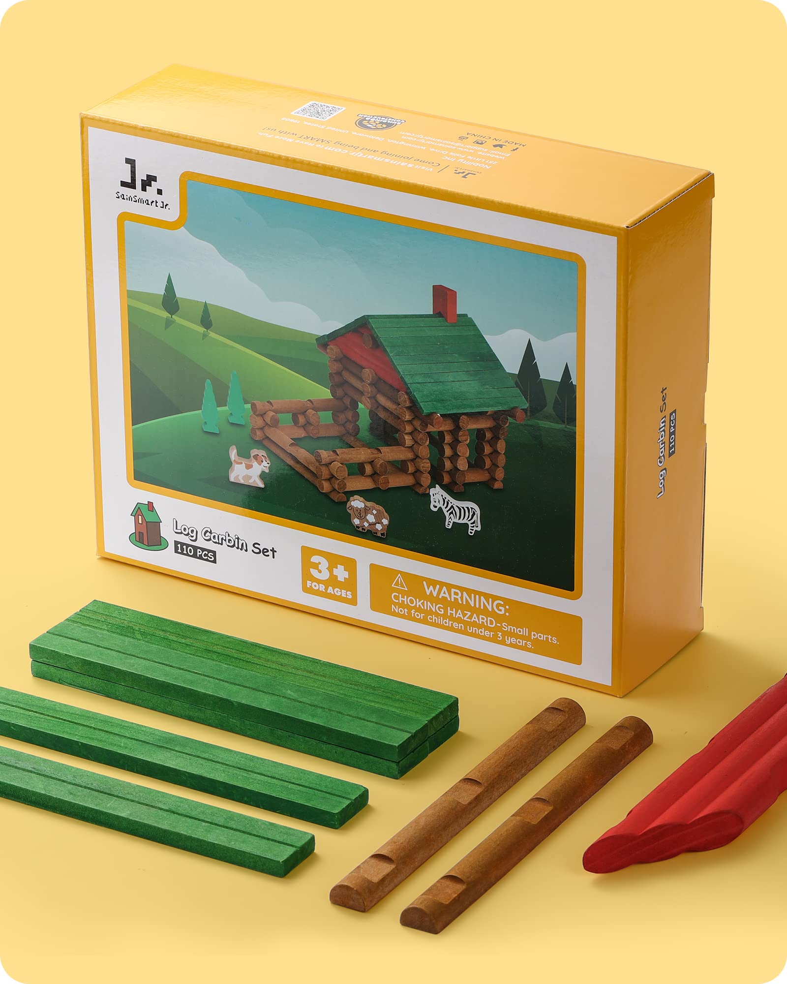 SainSmart Jr. 110 PCS Wooden Log Cabin Set Building House Toy for Toddlers, Classic STEM Construction Kit with Colorful Wood Logs Blocks for 3+ Years Old
