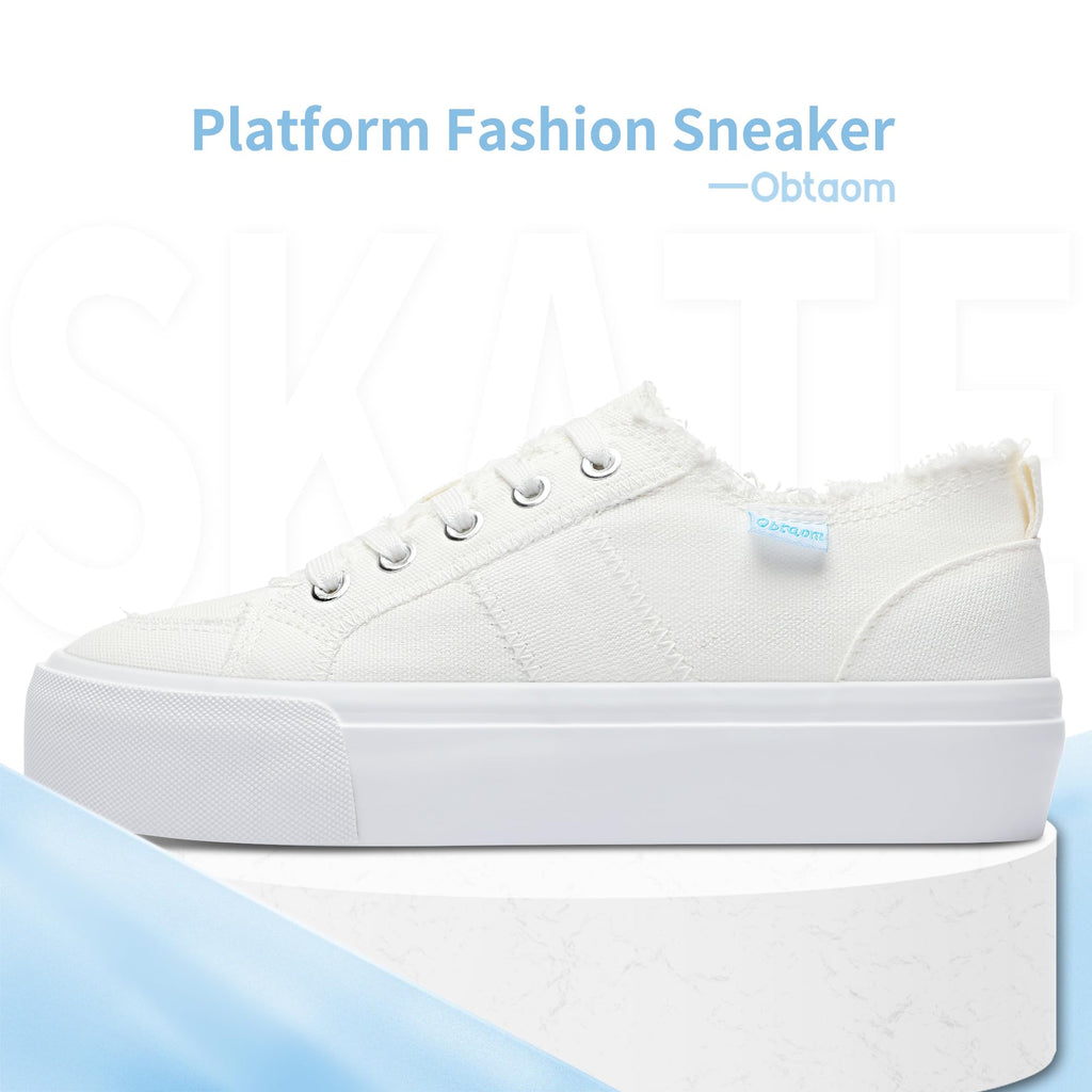 Obtaom Women Platform Canvas Sneakers White Comfort Play Fashion Sneakers Casual Lift Platform Lace Up Shoes Cute Low Top Walking Shoes for Lady