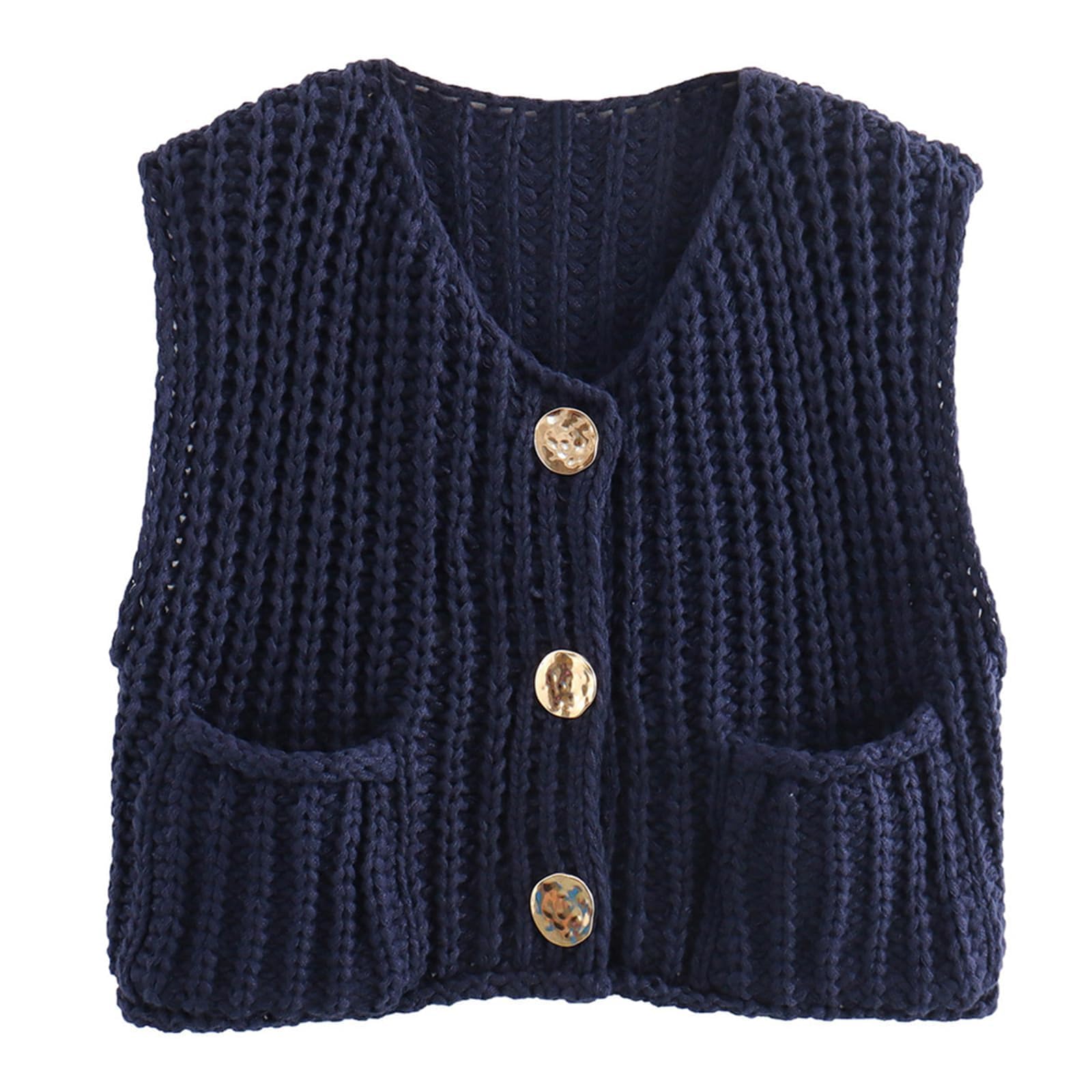 KEOMUD Women's Sleeveless Cropped Knit Cardigan Casual Button Down Crochet Sweater Vest Tops with Pockets