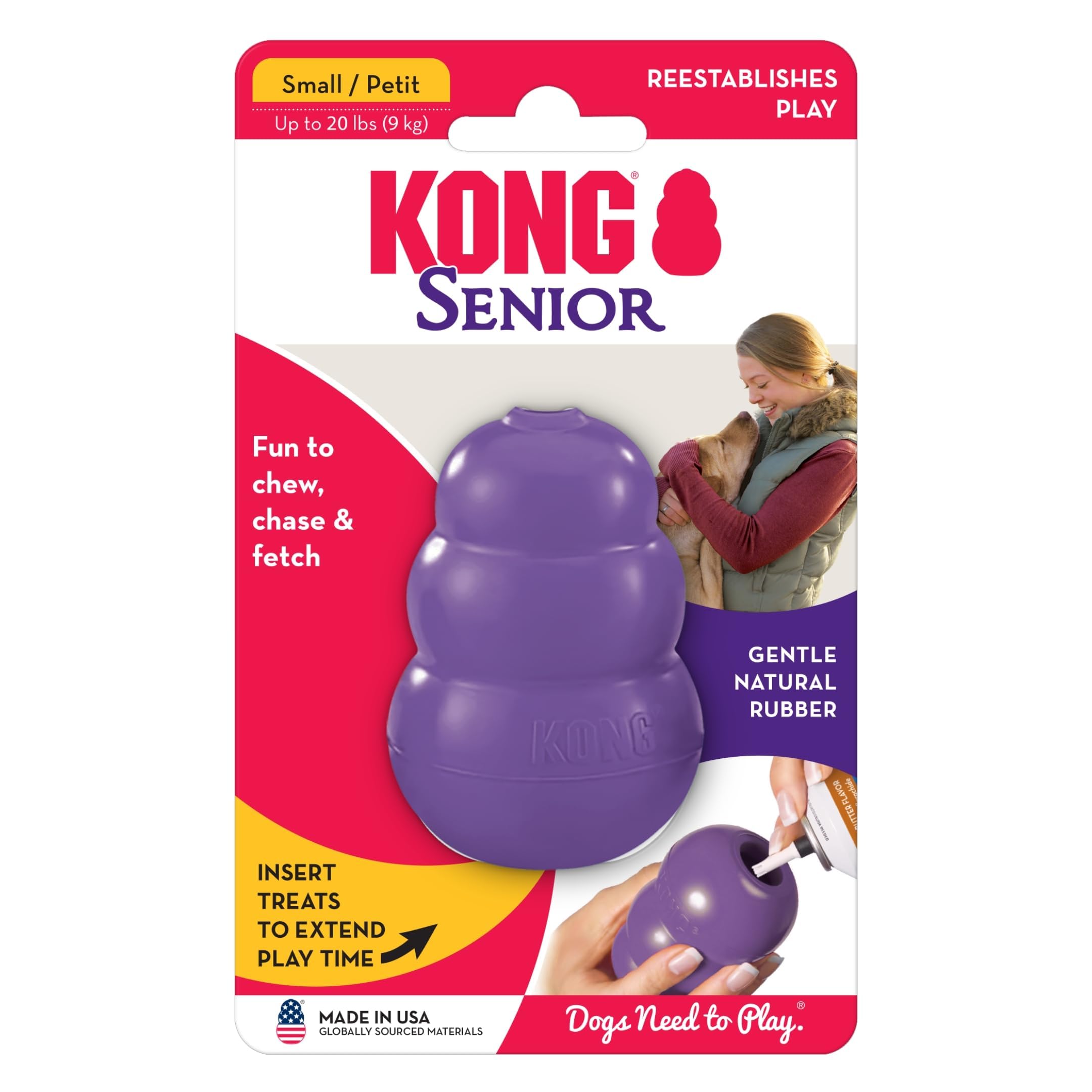 KONG Senior - Dog Toy with Gentle, Natural Rubber - Durable Dog Toy for Older Dogs - Use Treats with Stuffable Chew Toy - Treat Toy for Chewing & Fetching - for Small Dogs