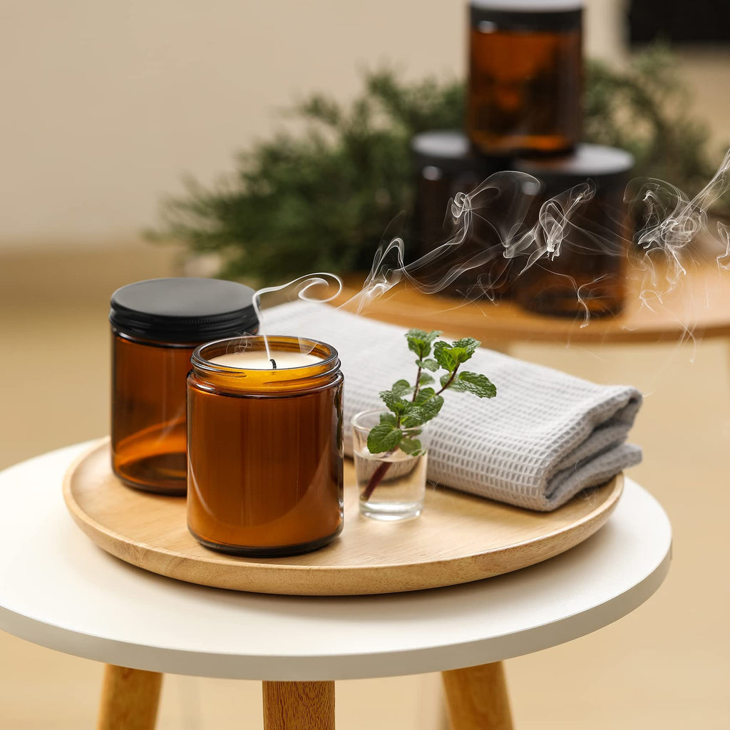 12 Pack, 8 OZ Dark Amber Candle Jars for Making Candle - Thick Glass Jars with 12 Metal & 12 Plastic Lids - Empty Round Food Storage Containers, Canning Jar For Spice, Liquid, Sample - Food Grade
