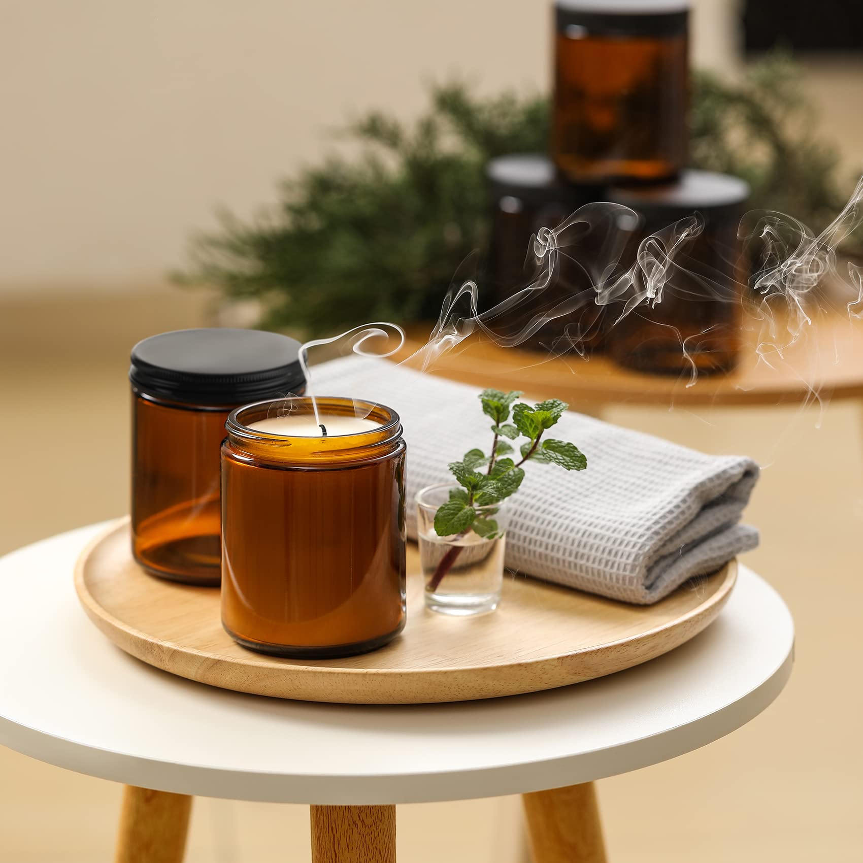 12 Pack, 8 OZ Dark Amber Candle Jars for Making Candle - Thick Glass Jars with 12 Metal & 12 Plastic Lids - Empty Round Food Storage Containers, Canning Jar For Spice, Liquid, Sample - Food Grade