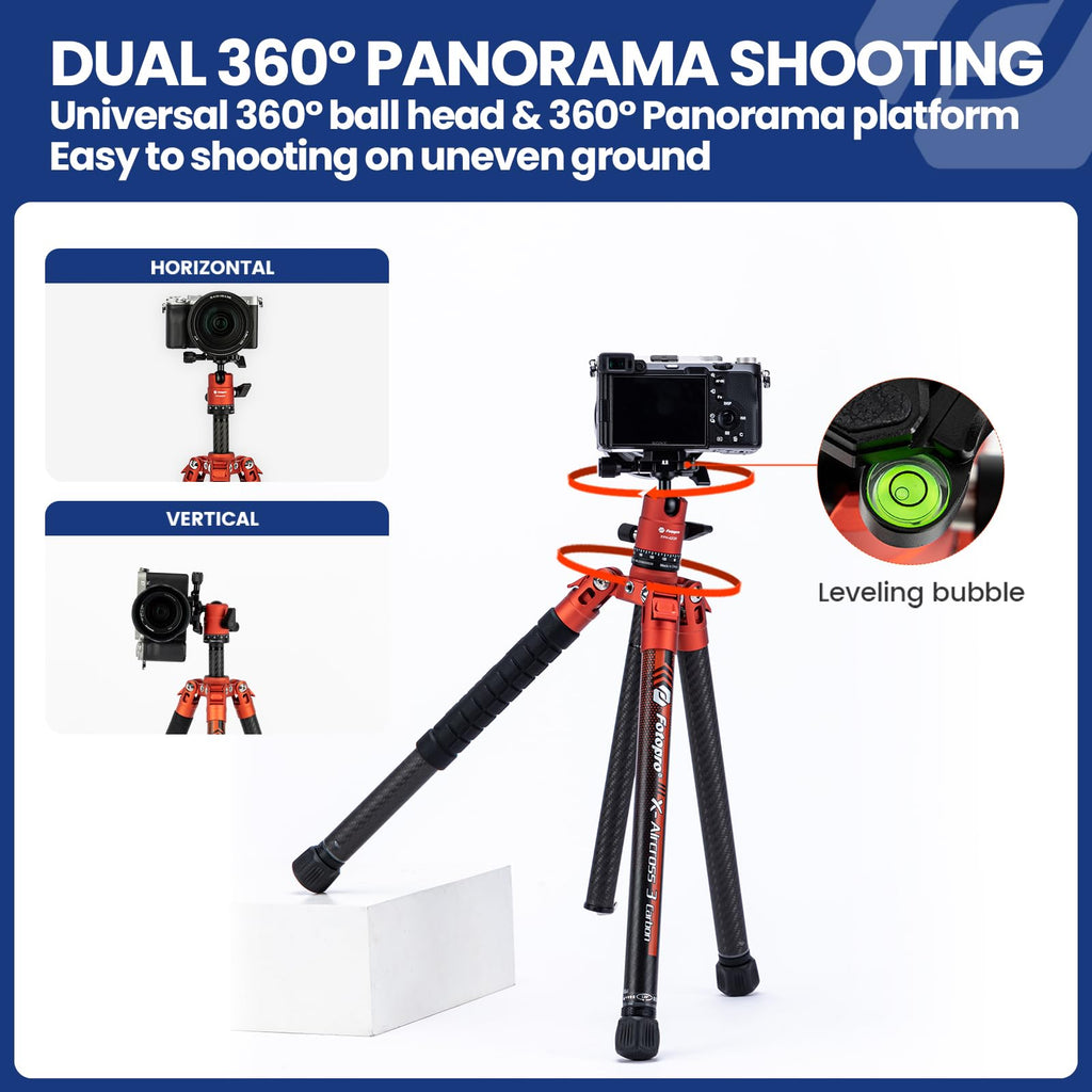 Fotopro 60" Camera Tripod, Carbon Fiber Travel Tripod with 360° Ball Head, Ultralight 2.1lbs, 22lbs Load, Quick Lock, Folds to 14.3" Carry-On, for DSLR Mirrorless Cameras, X-Aircross 3 Blue
