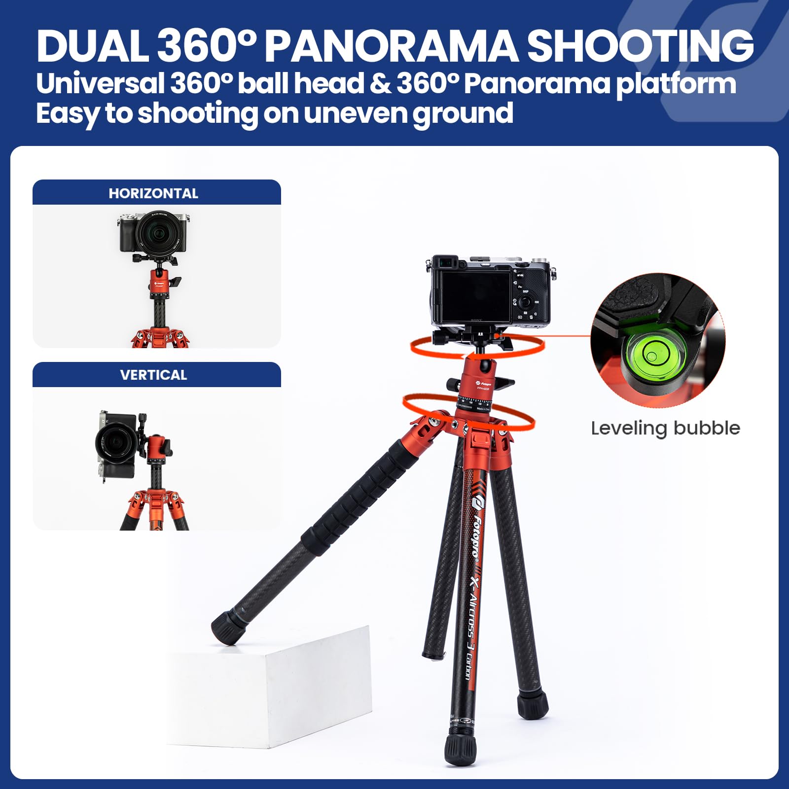Fotopro 60" Camera Tripod, Carbon Fiber Travel Tripod with 360° Ball Head, Ultralight 2.1lbs, 22lbs Load, Quick Lock, Folds to 14.3" Carry-On, for DSLR Mirrorless Cameras, X-Aircross 3 Blue