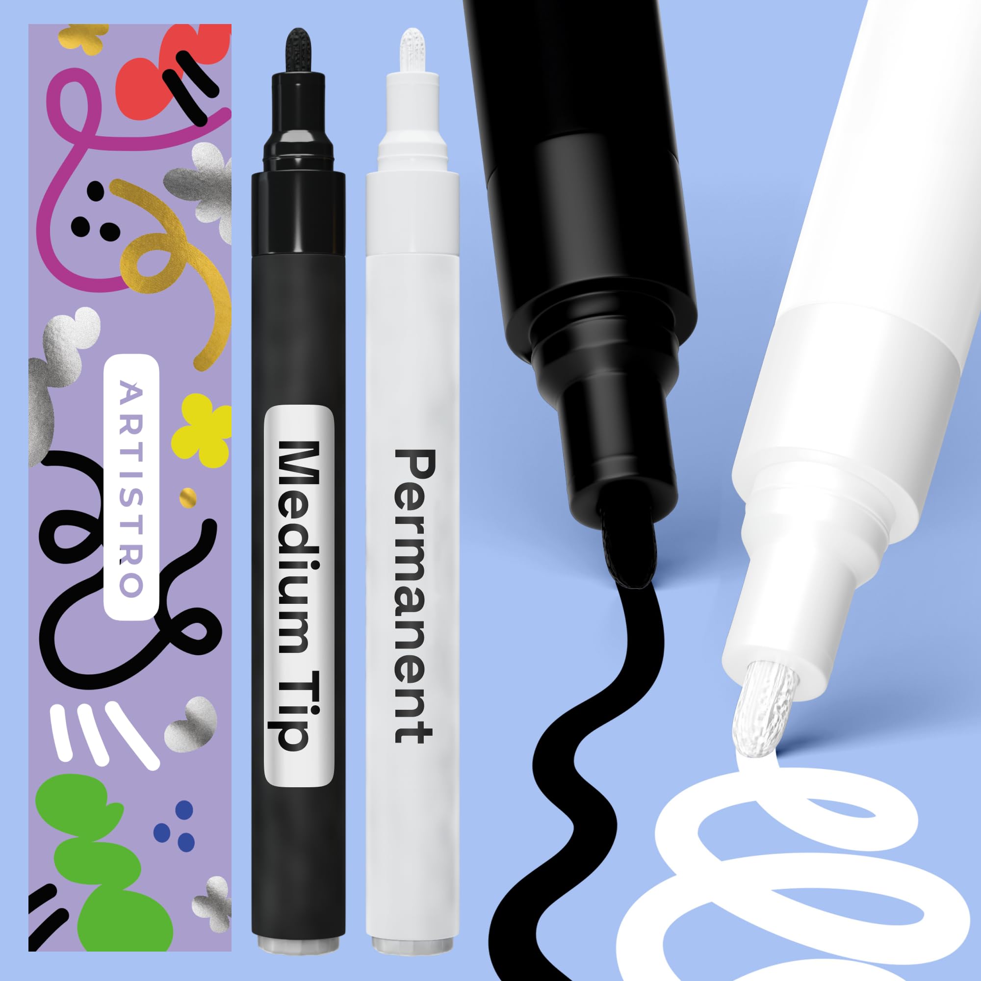 ARTISTRO 2 Black Permanent Marker - Waterproof Markers for Tire, Fabric, Rocks, Glass, Ceramic, Wood, Paper - Oil Based Paint Pens - Medium Tip 3mm