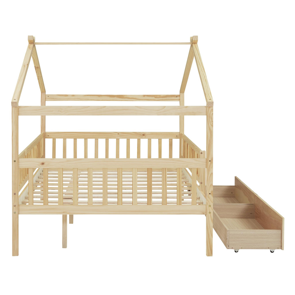 Merax Twin Size Wooden House Bed with Two Drawers, Wood Bed Frame with Roof for Kids, Teens, Boys or Girls, Grey