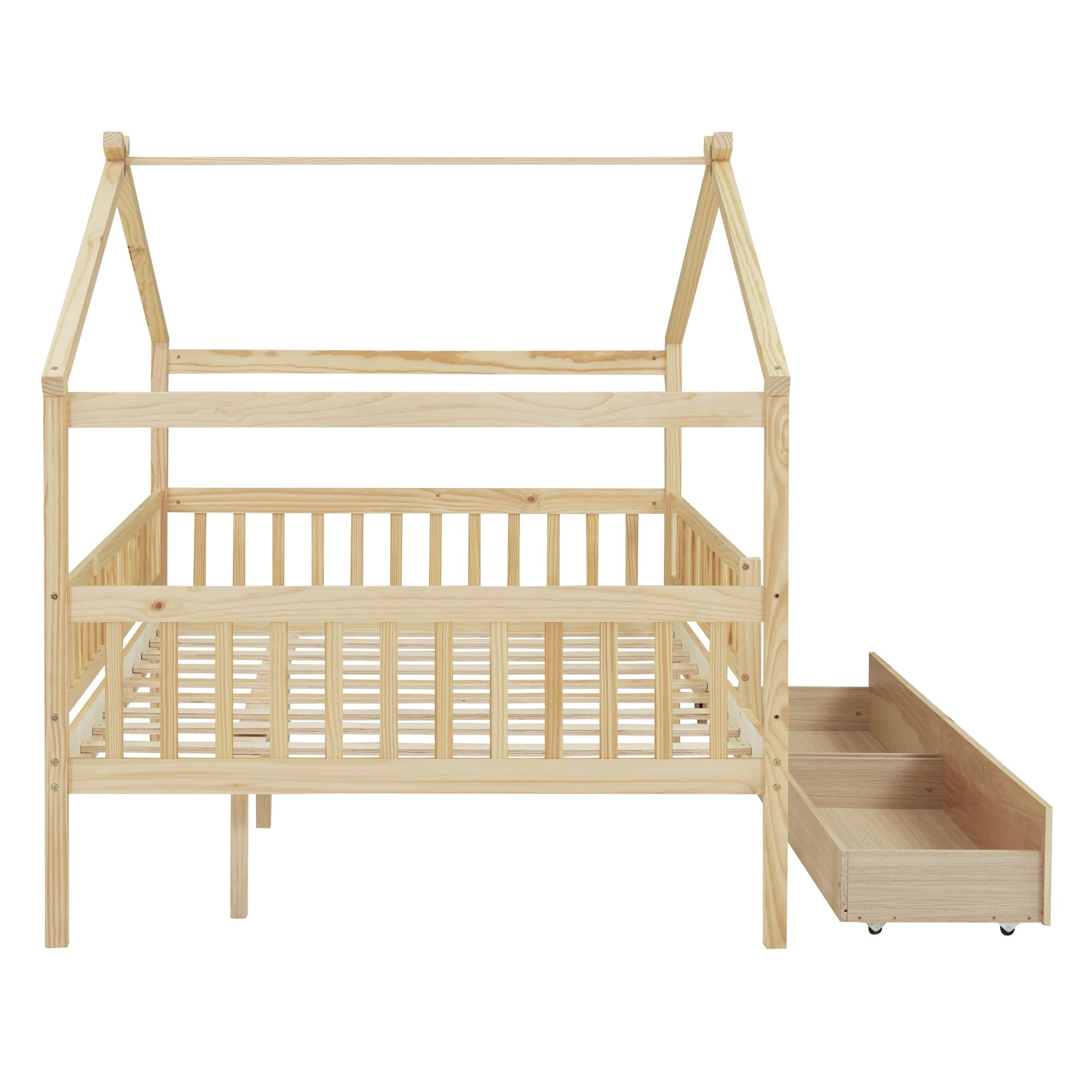 Merax Twin Size Wooden House Bed with Two Drawers, Wood Bed Frame with Roof for Kids, Teens, Boys or Girls, Grey