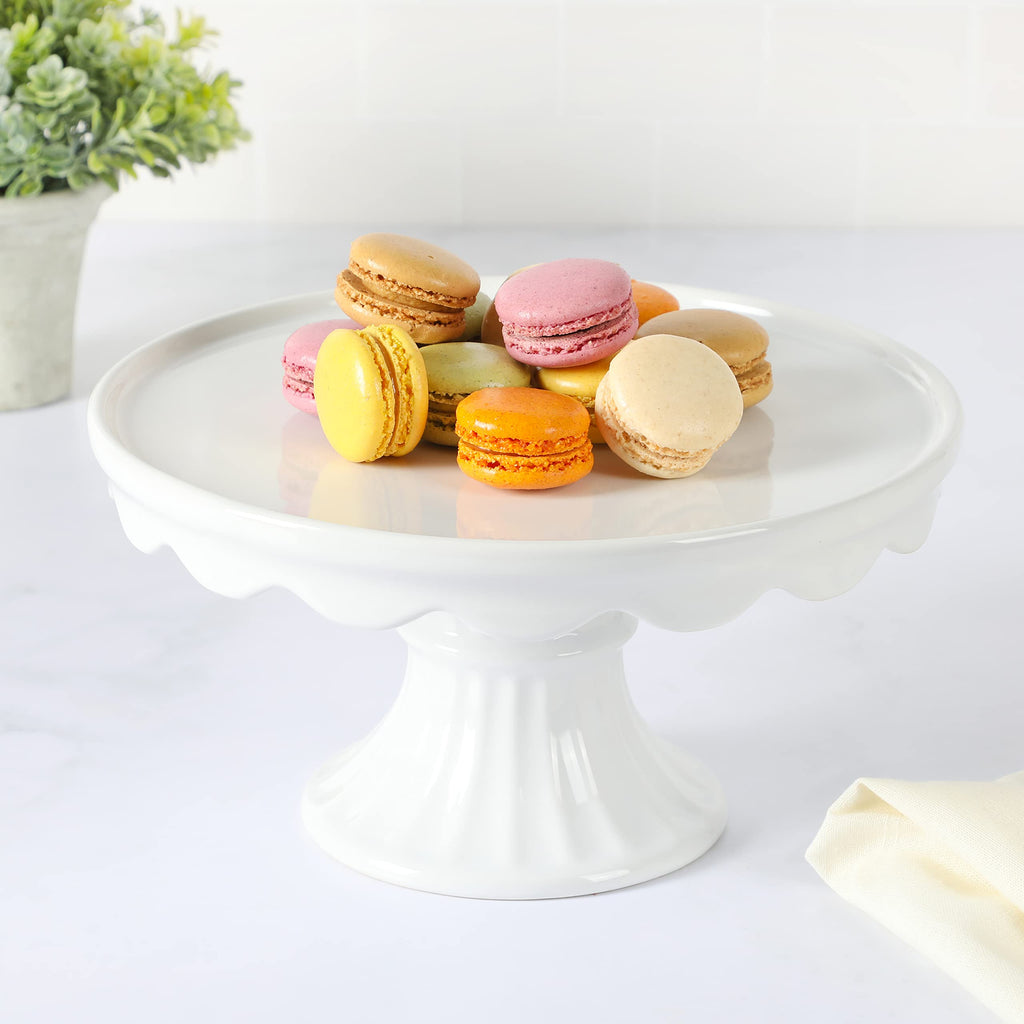 Martha Stewart Watercrest Glass Cake Stand, 10.2 Inch Footed Pedestal Cake Plate with Scalloped Ruffled Edge, Clear Handmade Glassware for Weddings, Parties, and Dessert Display