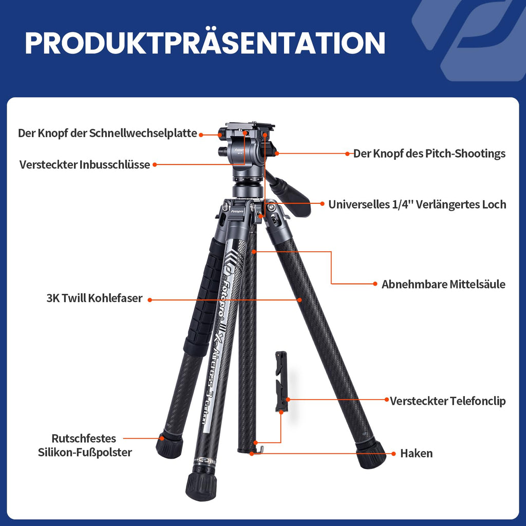 Fotopro 60" Camera Tripod, Carbon Fiber Travel Tripod with 360° Ball Head, Ultralight 2.1lbs, 22lbs Load, Quick Lock, Folds to 14.3" Carry-On, for DSLR Mirrorless Cameras, X-Aircross 3 Blue