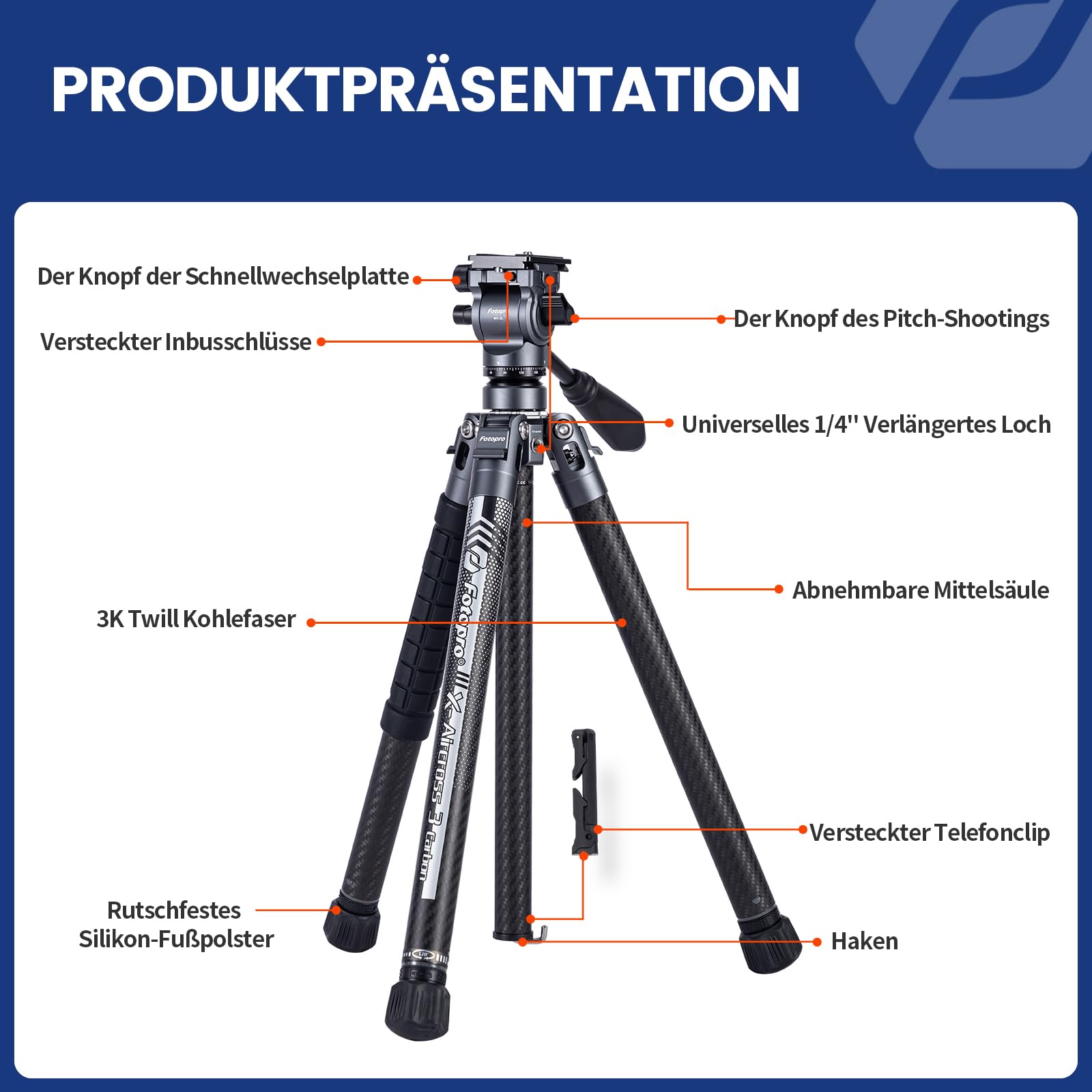 Fotopro 60" Camera Tripod, Carbon Fiber Travel Tripod with 360° Ball Head, Ultralight 2.1lbs, 22lbs Load, Quick Lock, Folds to 14.3" Carry-On, for DSLR Mirrorless Cameras, X-Aircross 3 Blue