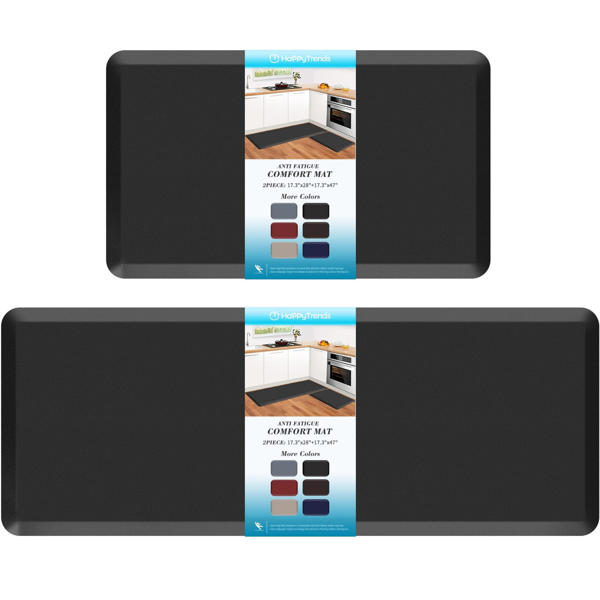 HappyTrends 2 PCS Kitchen Mat Cushioned Anti-Fatigue Floor Mat, Heavy Duty Ergonomic Comfort Foam Standing Mat, Waterproof Non-Slip Kitchen Rugs for Home, Office, Laundry,Black