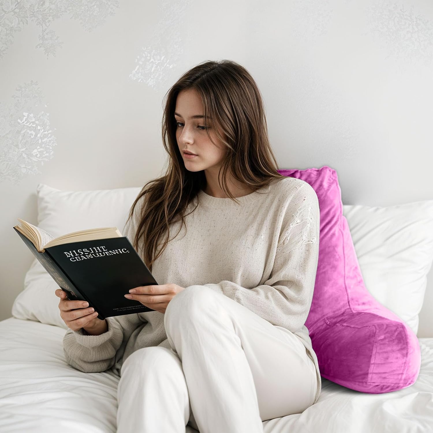 OAISZ Reading Pillow for Sitting in Bed Adult, Reading Pillow with Shredded Memory Foam, Bed Pillow with Washable Cover, Back Pillow Sitting Up with Extend Arms, Beige, X-Large