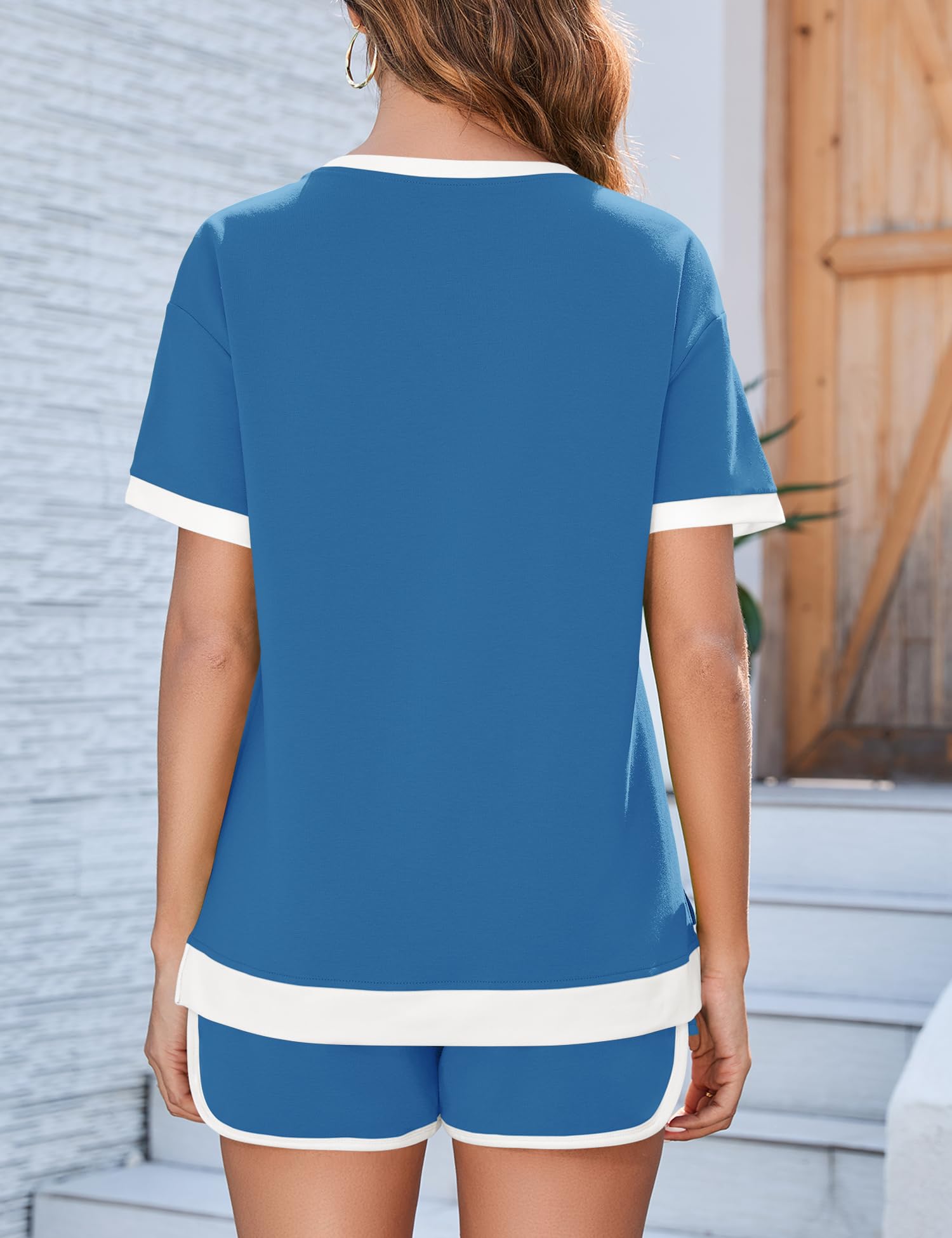 AKEWEI Shorts Sets Women 2 Piece Outfits Casual Short Sleeve Crewneck Tops and Drawstring Shorts Color Block Sets