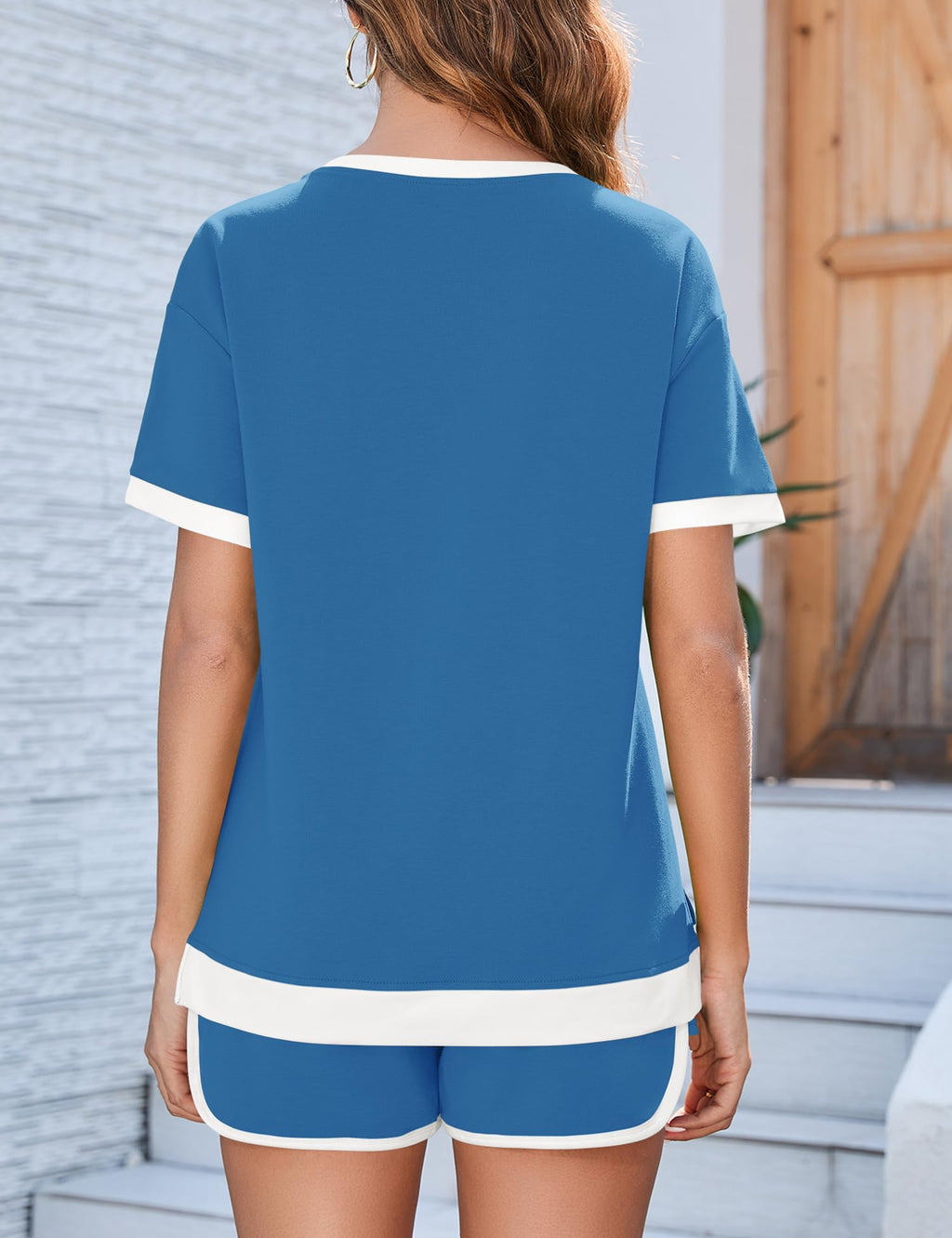 AKEWEI Shorts Sets Women 2 Piece Outfits Casual Short Sleeve Crewneck Tops and Drawstring Shorts Color Block Sets