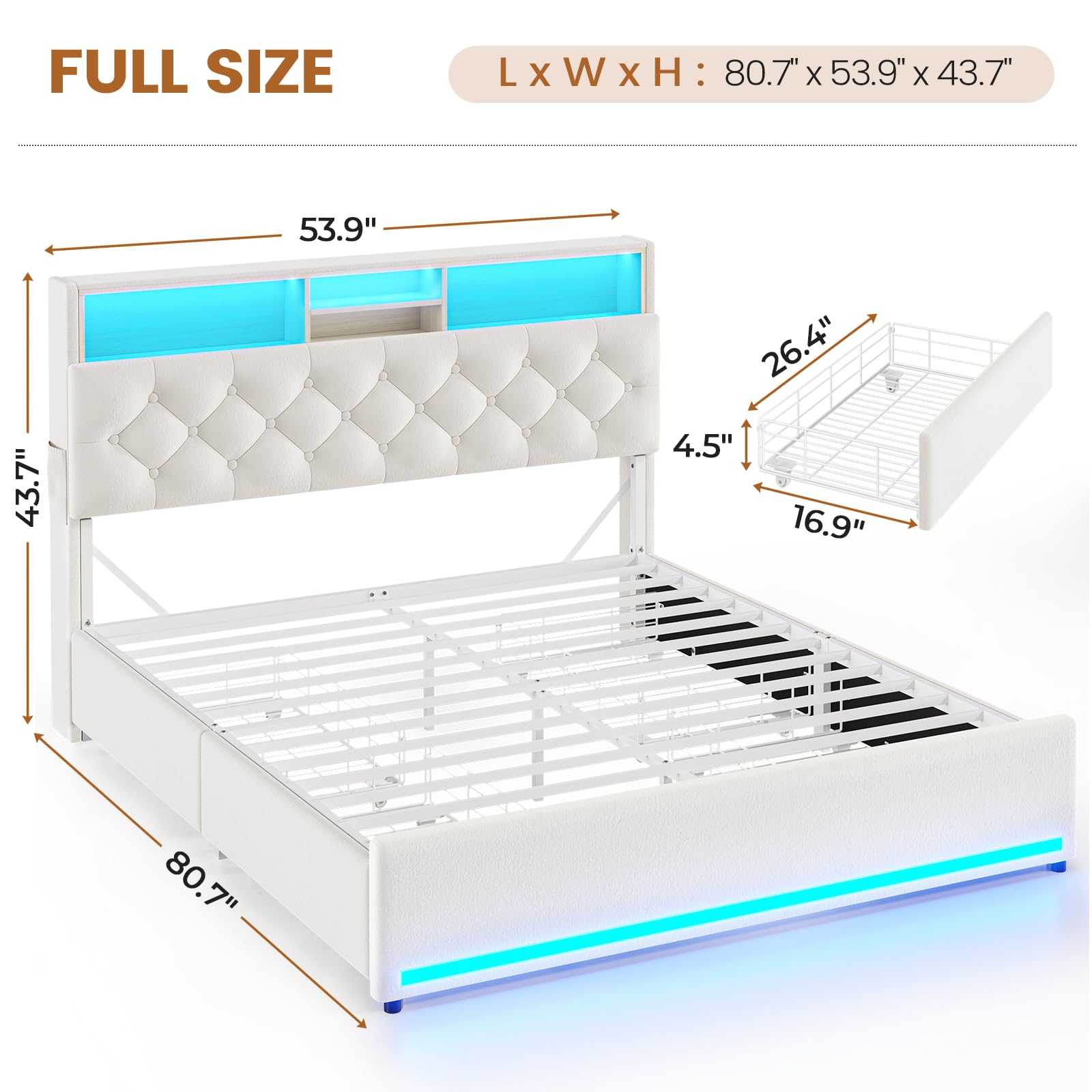 BTHFST Twin Bed Frames with Headboard & 4 Drawers, LED Bed Frame Twin with Charging Station, Upholstered and Metal Twin Bed with Storage, No Box Spring Needed, Black PU