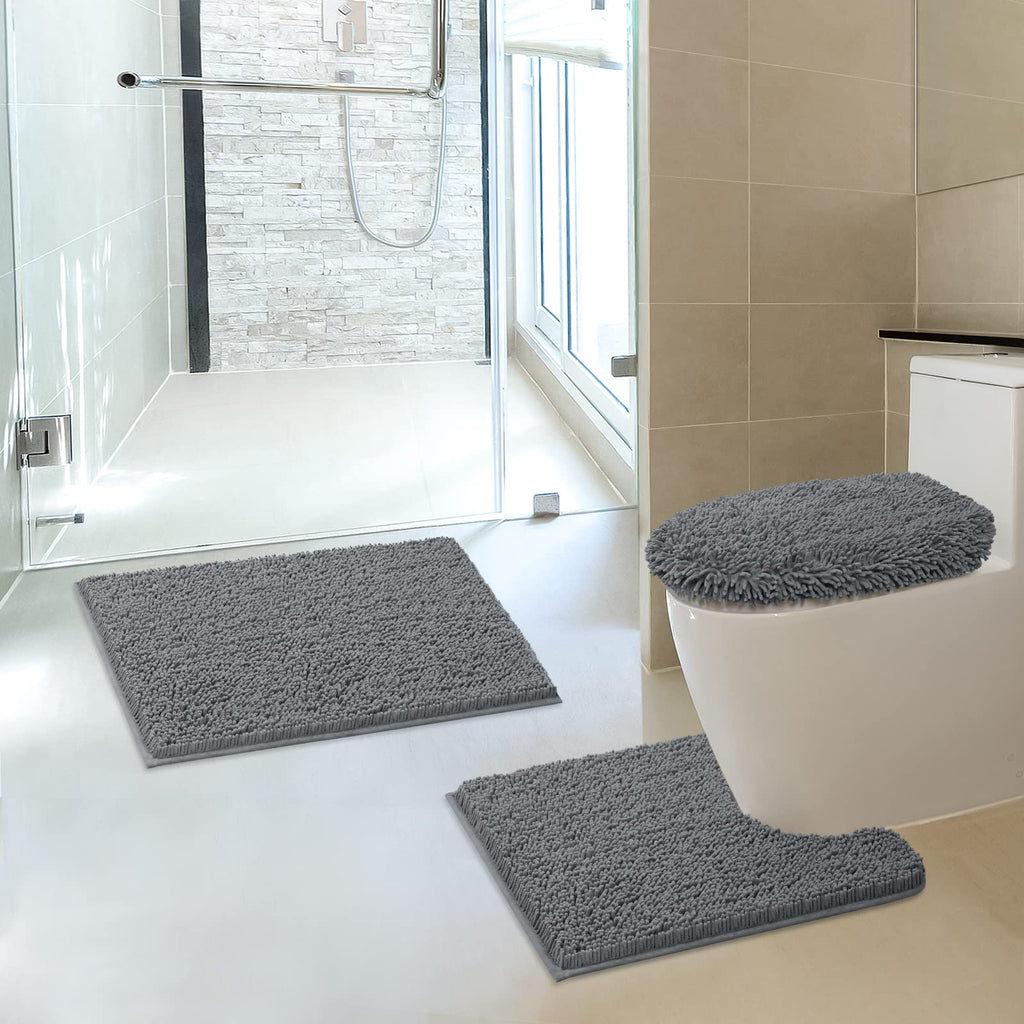 TREETONE Chenille Bath Mat 3 Pieces Bathroom Rugs Set, 20x20 Inches U-Shape Contoured Toilet Mat & 20x32 Inches Rug & Lid Cover,Water Absorbent Plush Rugs for Tub Shower & Bath Room -Beige