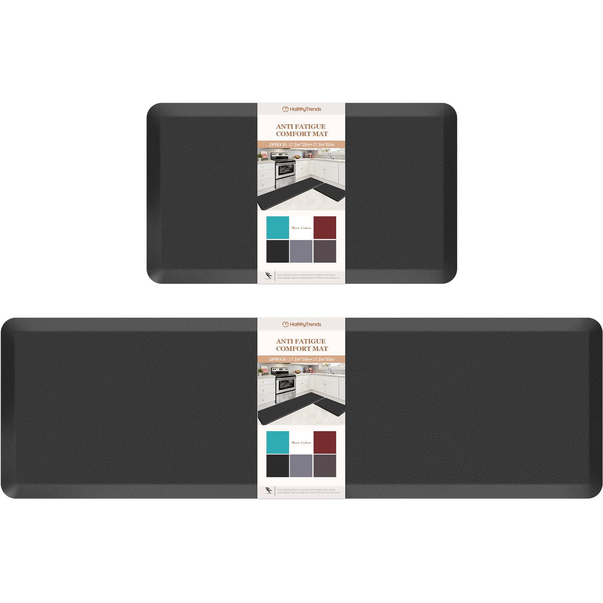 HappyTrends 2 PCS Kitchen Mat Cushioned Anti-Fatigue Floor Mat, Heavy Duty Ergonomic Comfort Foam Standing Mat, Waterproof Non-Slip Kitchen Rugs for Home, Office, Laundry,Black
