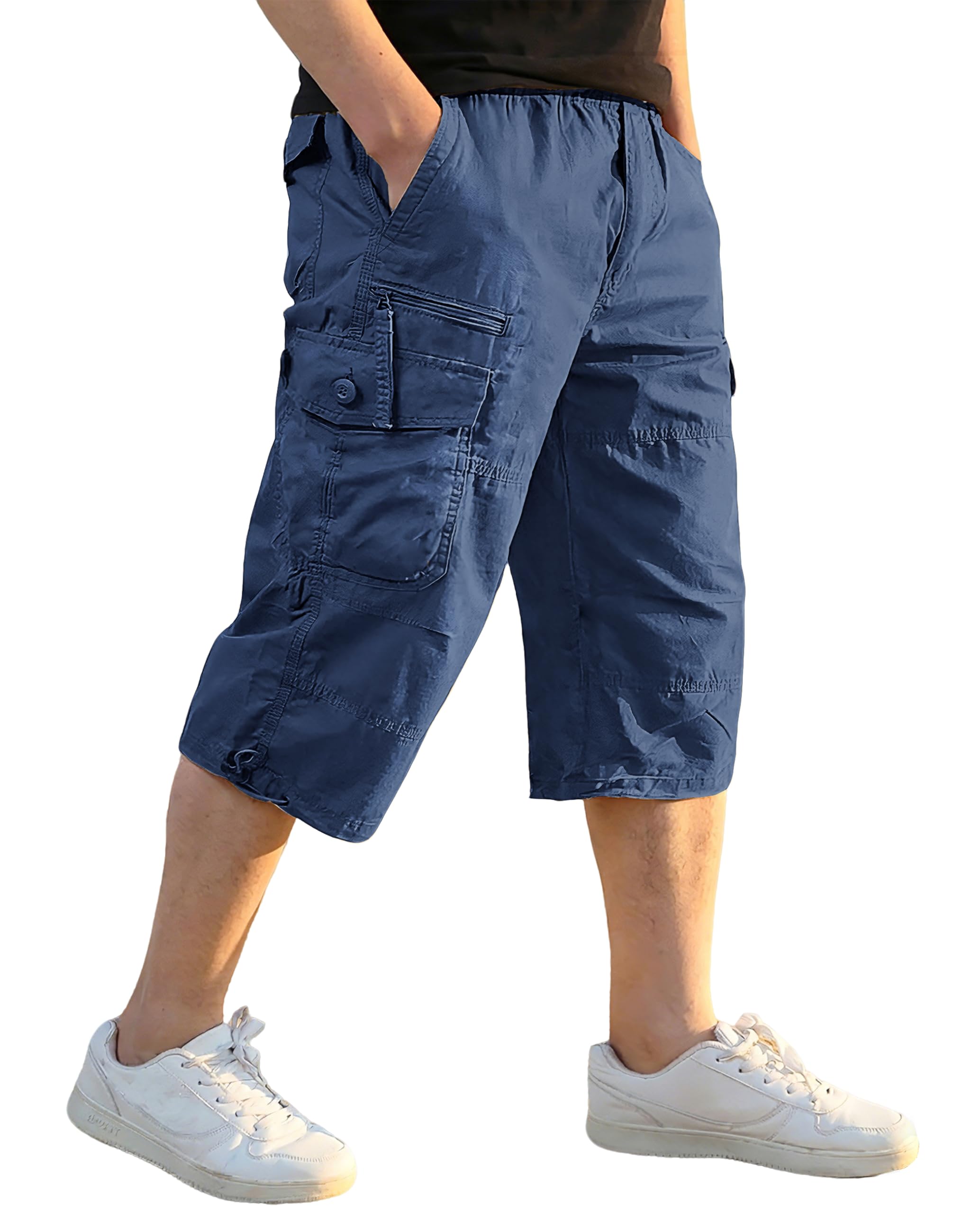 EKLENTSON Men's Cargo Shorts Casual Twill Elastic 3/4 Capri Pants Below Knee Long Shorts with 7 Pockets