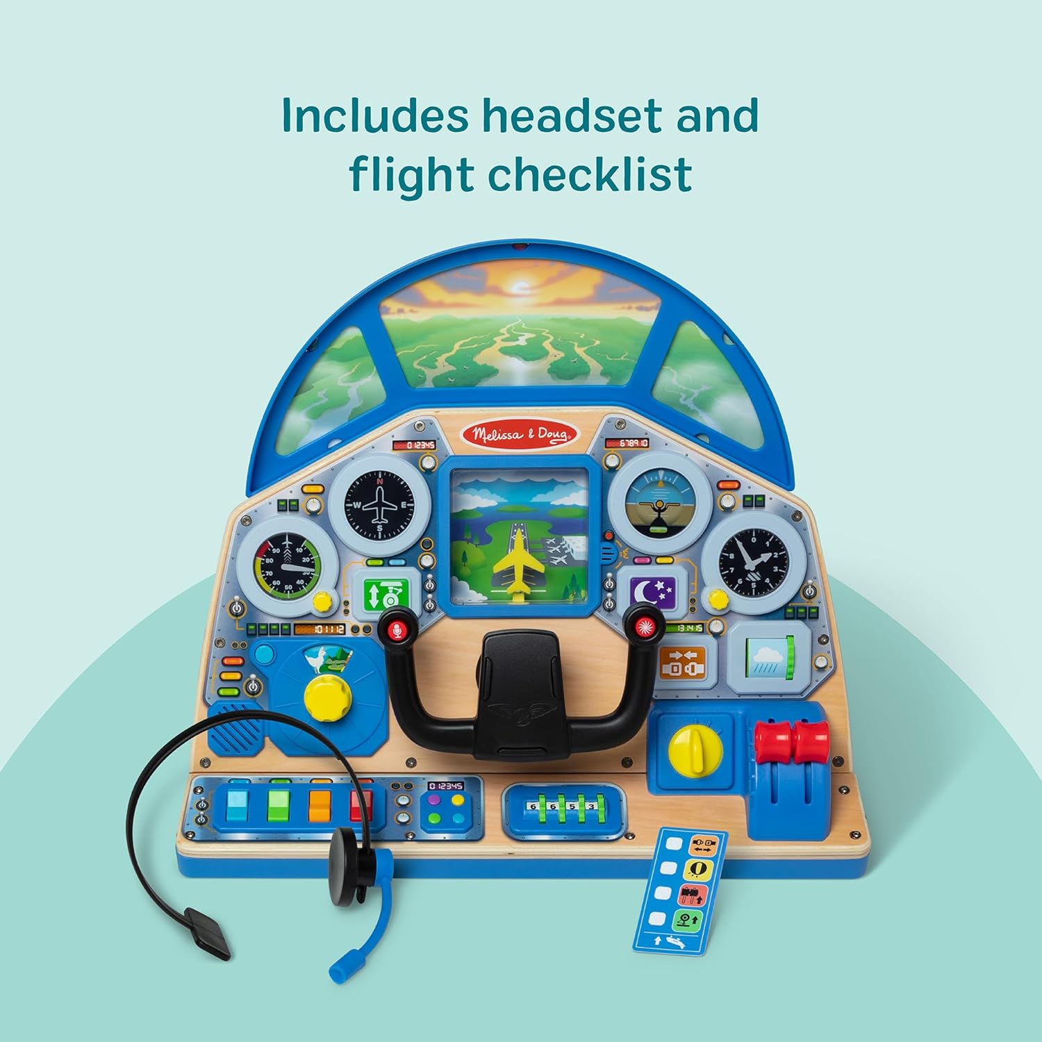 Melissa & Doug Jet Pilot Interactive Dashboard Wooden Toy for Boys and Girls Ages 3+ Cockpit Steering Wheel Pretend to Fly Experience, Fidget Buttons - FSC Certified
