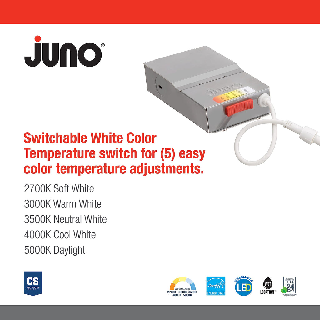 Juno LED Shower Light, Adjustable 4 Inch Wafer Downlight, Switchable Color Temperature 2700K/3000K/3500K/4000K/5000K, 90+ CRI, Matte White, 4-Inch