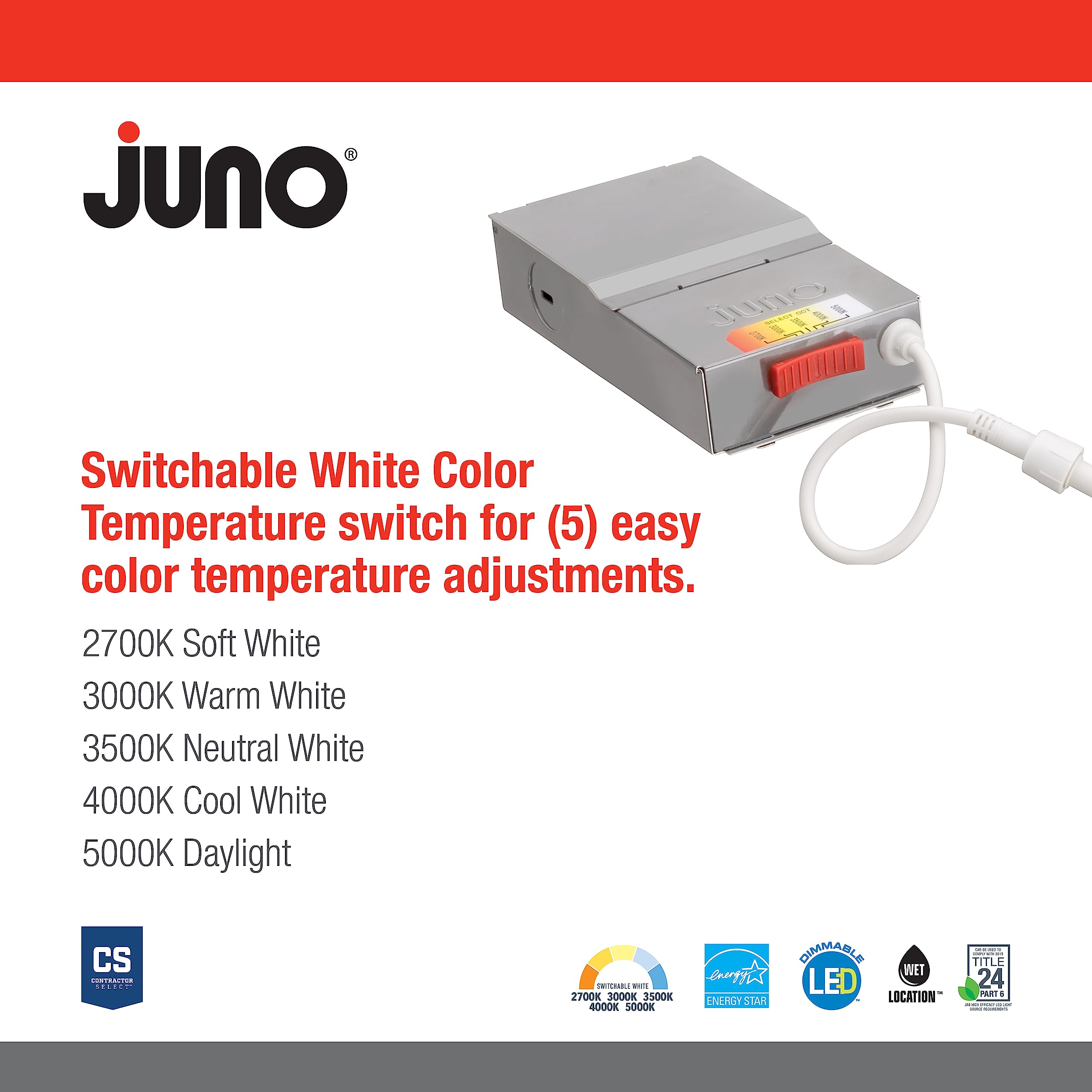 Juno LED Shower Light, Adjustable 4 Inch Wafer Downlight, Switchable Color Temperature 2700K/3000K/3500K/4000K/5000K, 90+ CRI, Matte White, 4-Inch