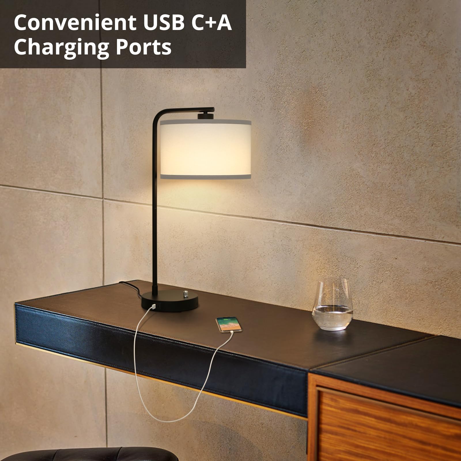 Table Lamps Set of 2, Fully Dimmable Bedside Lamp with USB C+A Charging Ports, Modern Nightstand Lamps with Linen Fabric Shades, Tall Desk Lamp for Bedroom, Living Room, Office, LED Bulb Included