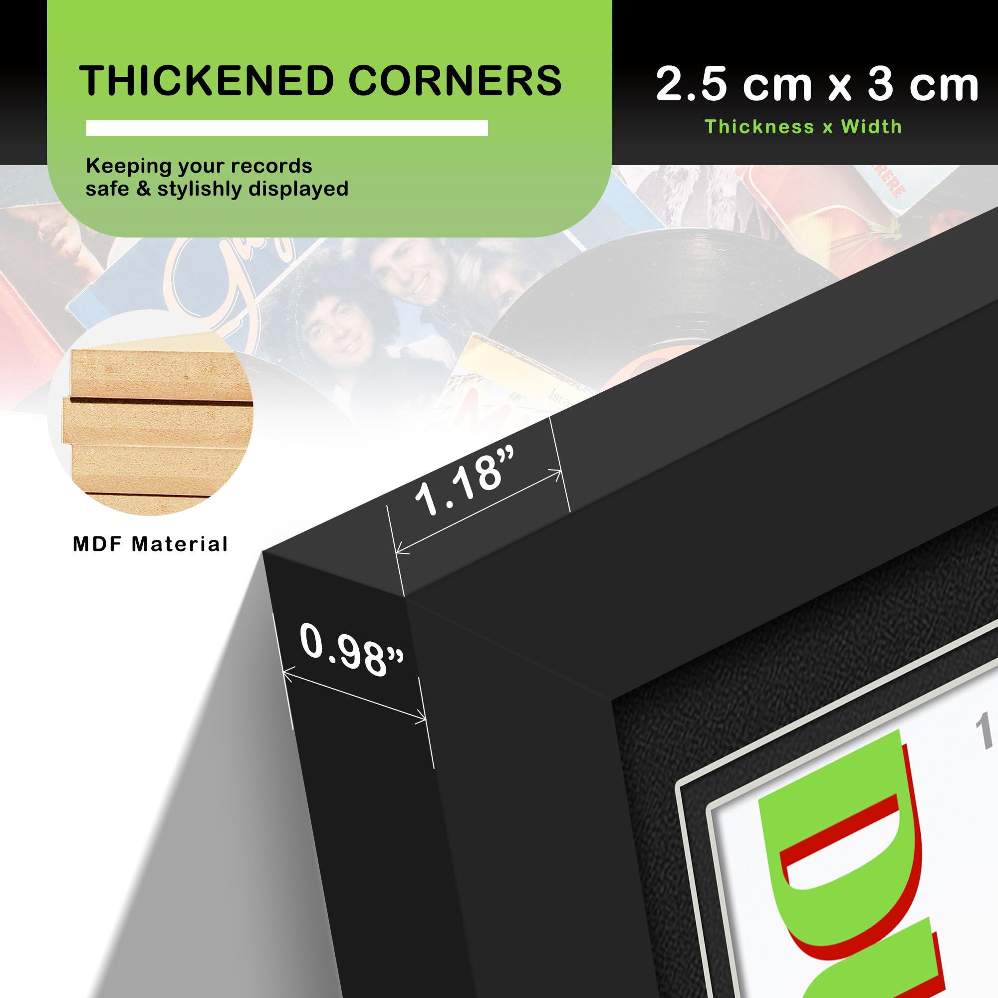 DUENPY Vinyl Record Display Frame 16x22 Inches Display Record Album and 12.5x12.5 Album Cover Art（Black Bottom Mat） Wall Mount