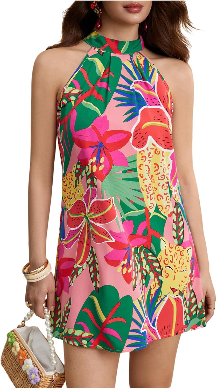 Floerns Women's Sleeveless Floral Print Sundress Halter Neck A Line Short Dress