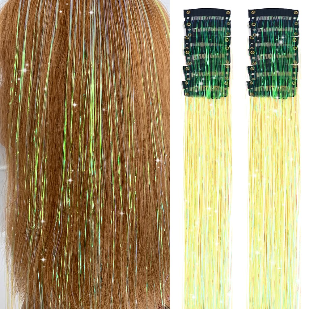 Clip in Hair Tinsel, Pack of 12 Pcs 20 Inch,Glitter Tinsel Hair Extensions, Festival Tinsel Fairy Hair Extension Party Dazzle Hair Accessories Strands Kit for Women Girls(12Pcs,Black#)