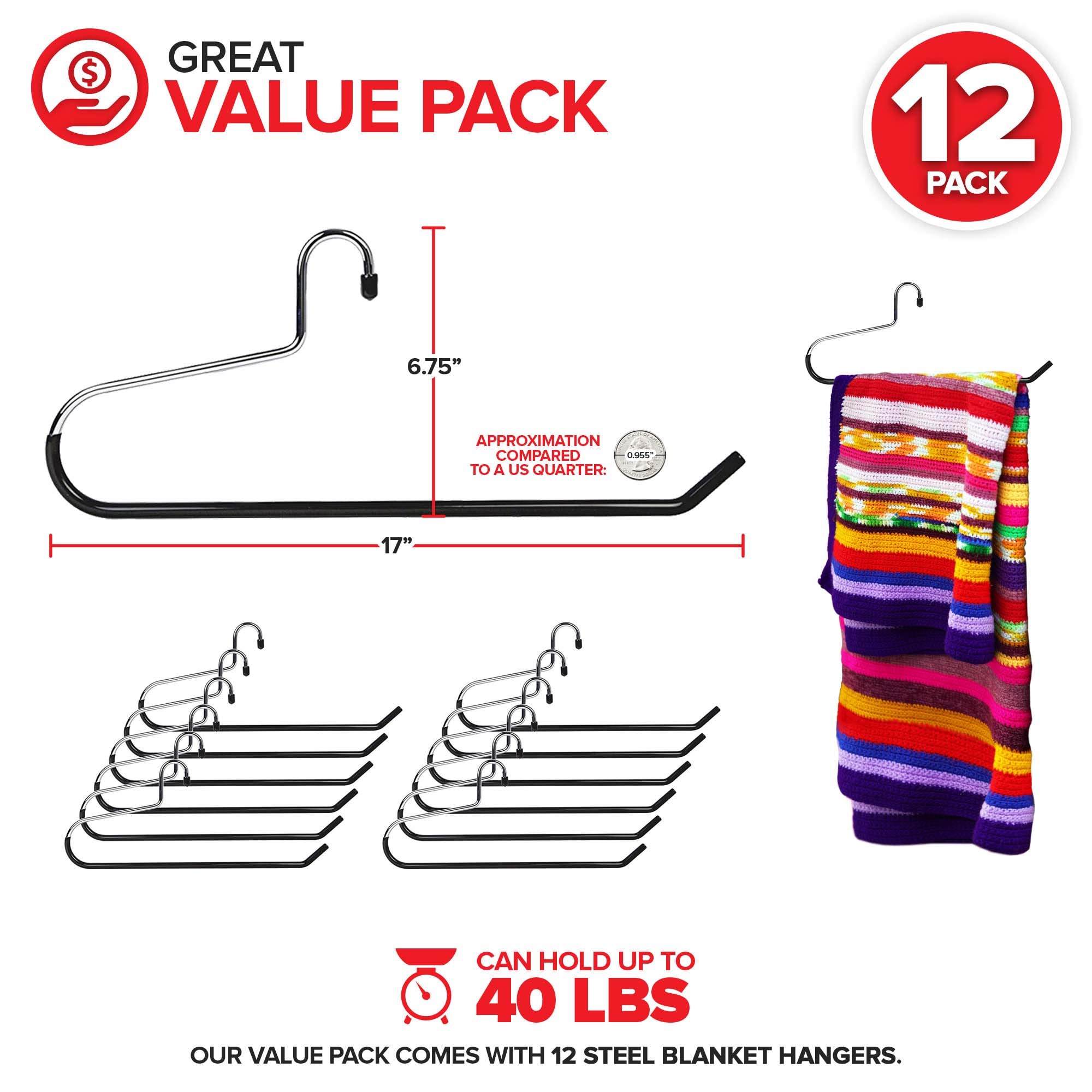 Blanket Hangers Set of 6 Heavy Duty Stainless Steel Hanger with Black Vinyl Nonslip Coating - Great for Closet Storage of Quilts, Comforters, Bedding, Table Cloths, Towels, Rugs and Sleeping Bags