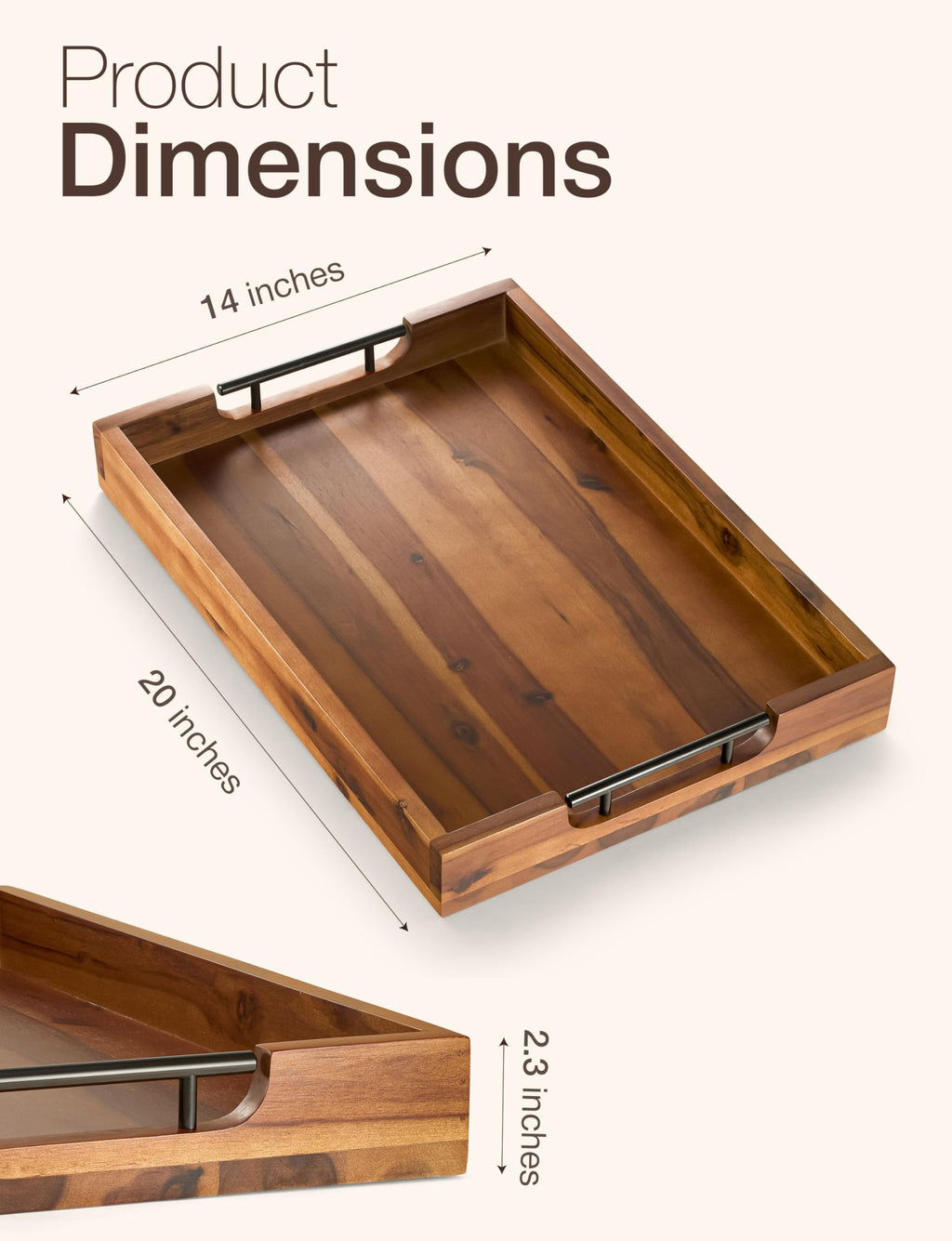 TIDITA 20 x 14 Inch Large Ottoman Tray for Living Room – Large Wooden Tray for Ottoman , Decorative Serving Tray with Handles, for Coffee Table, Kitchen Counter & Home Decor