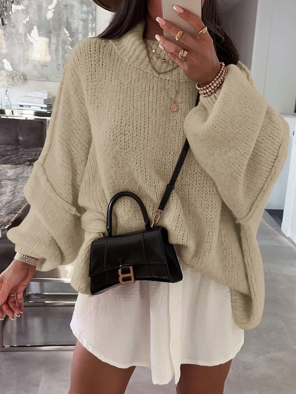 Saodimallsu Womens Oversized Sweaters Mock Neck Batwing Long Sleeve 2026 Fall Trendy Ribbed Knit Casual Tunic Sweater