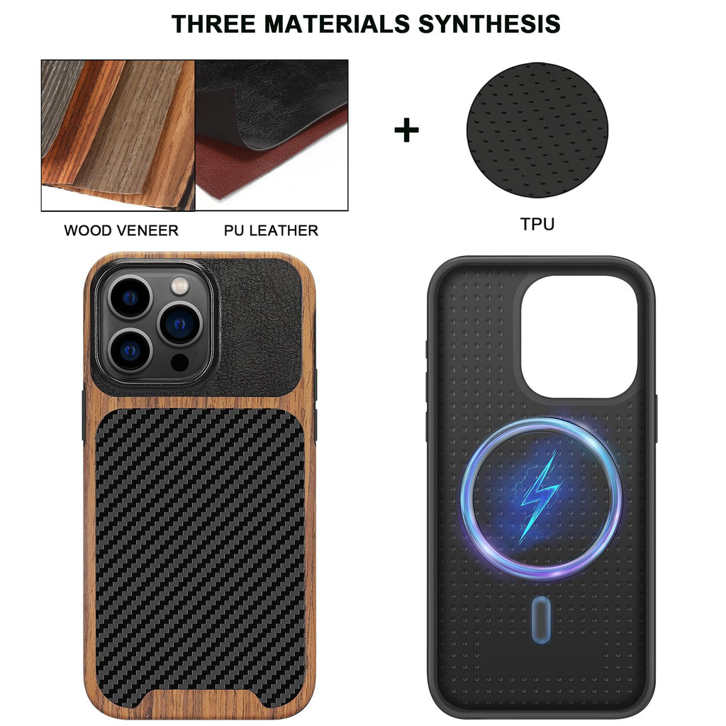 TENDLIN Compatible with iPhone 15 Case Wood Grain with Carbon Fiber Texture Design Leather Hybrid Slim Case (Black)