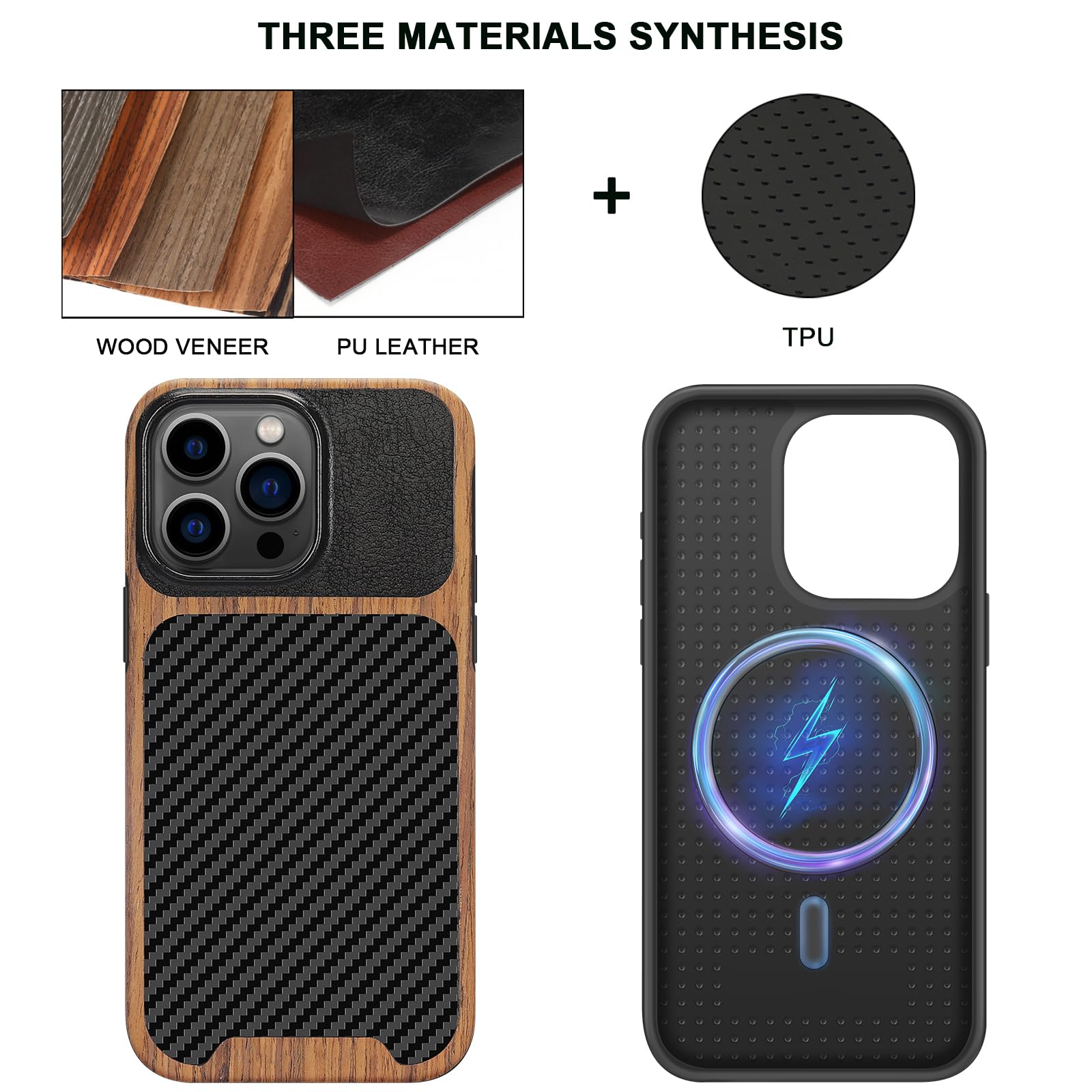 TENDLIN Compatible with iPhone 15 Case Wood Grain with Carbon Fiber Texture Design Leather Hybrid Slim Case (Black)