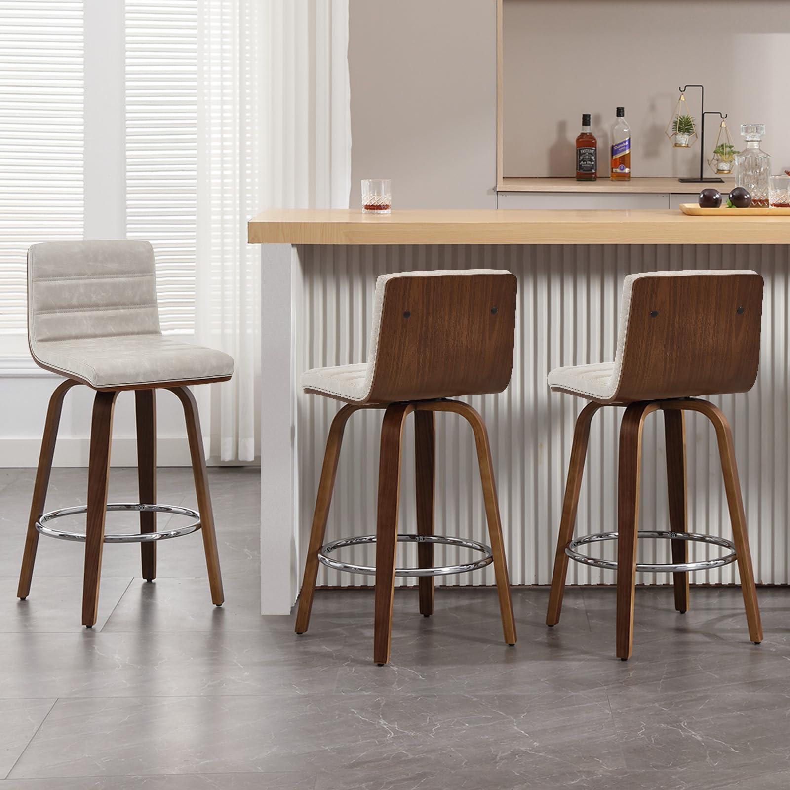 Bar Stools 29 Inch Bar Height, Swivel Bar Stools with Backs Upholstered PU Leather Barstool, L Shape Back and Padded Seat, Mid-Century Modern Bar Stool Pub Chairs for Kitchen Counter Island, Black