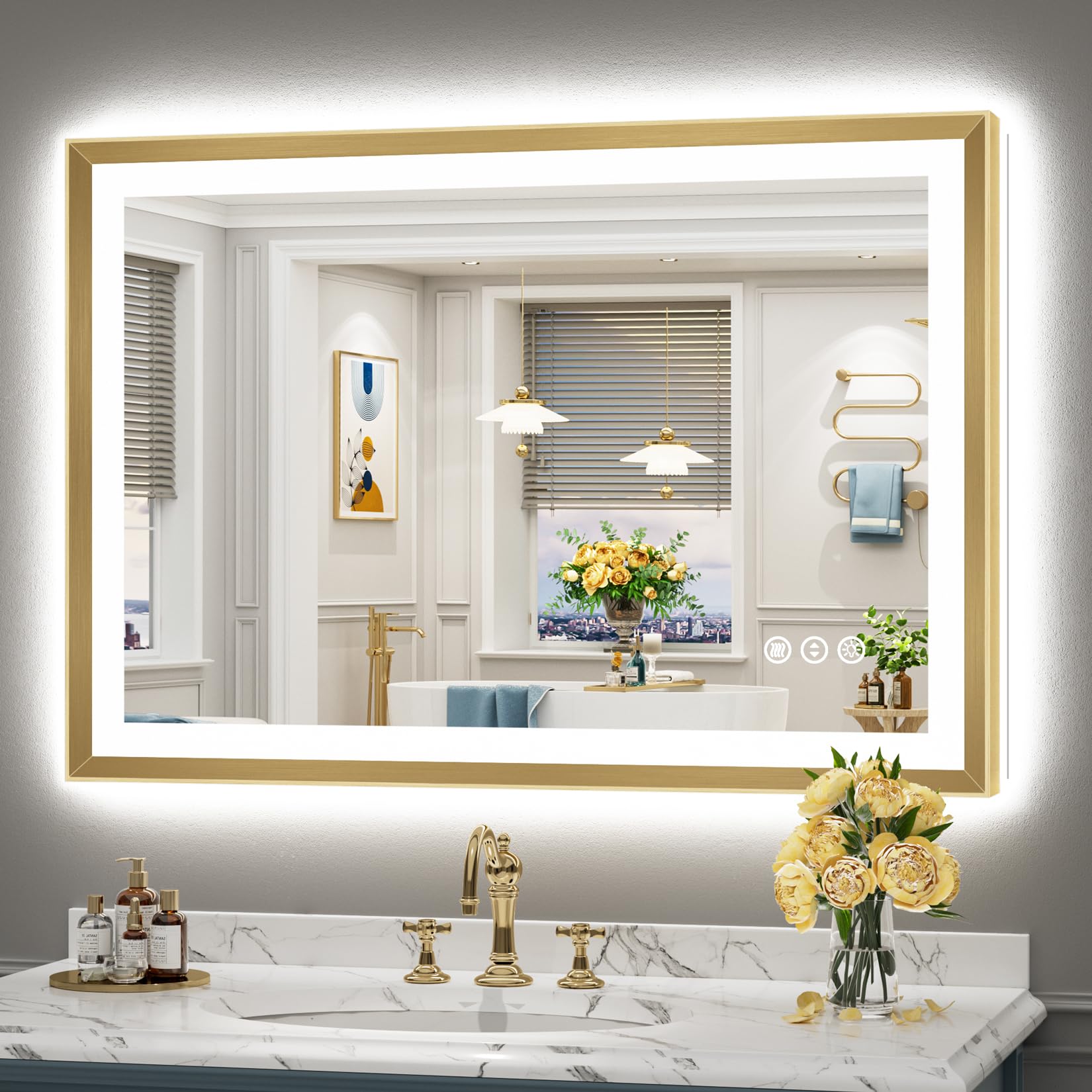 24x36 Gold Beveled LED Bathroom Mirror with Lights, Brushed Gold Framed Backlit and Front Lit Anti-Fog Lighted Vanity Mirrors for Bathroom Wall, Dimmable, 3 Colors, Memory, HD Tempered Glass