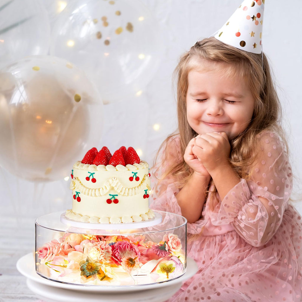 Sunnyray 2 Pcs Acrylic Cake Stands for Dessert Table Clear Fillable Cake Riser Cupcake Tier with LED Strings for Birthday Wedding Holiday Party Display(6'', 8'')