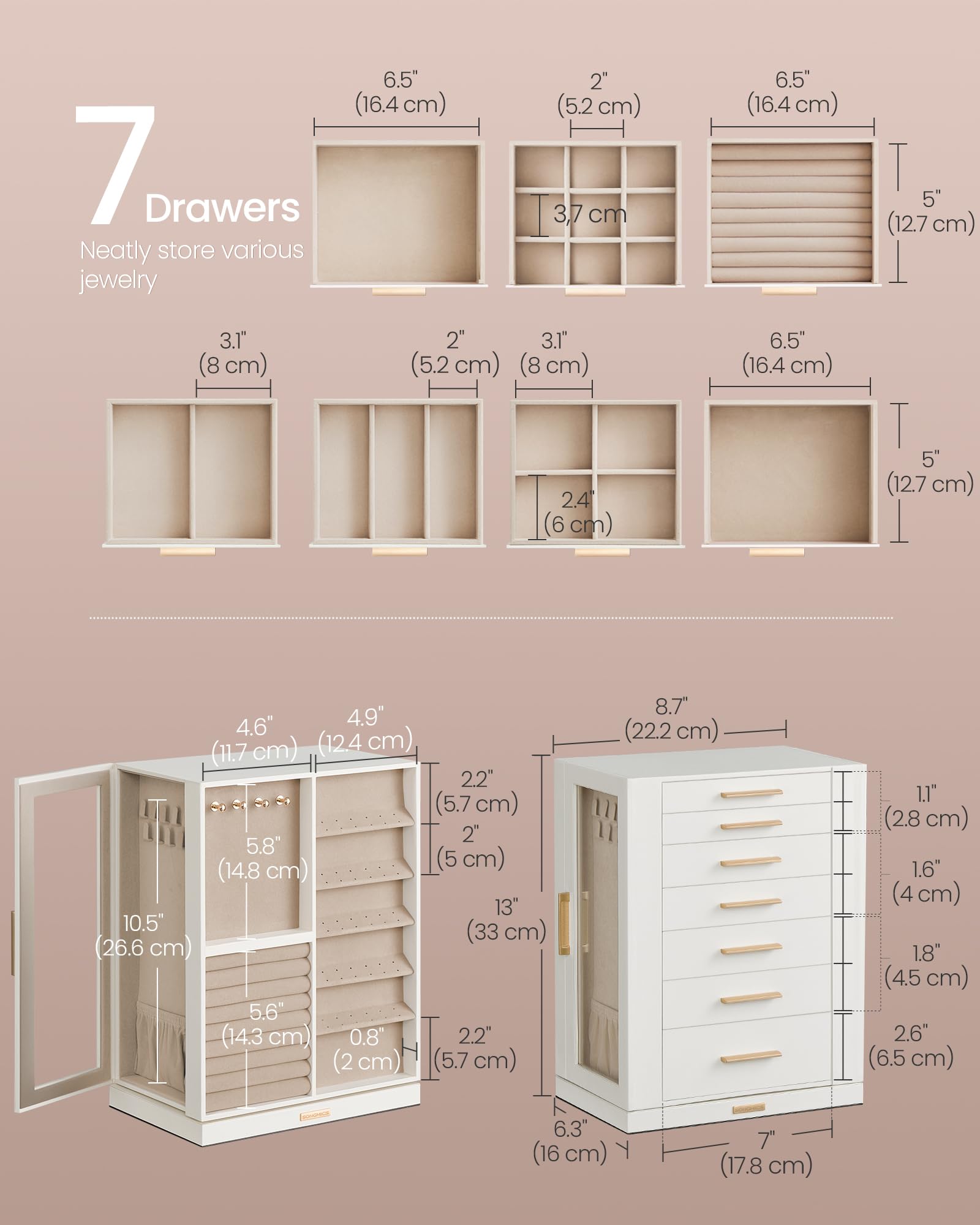 SONGMICS GISELLA Collection - Jewelry Box Organizer 360° Rotating, Vertical Jewelry Storage Case with 5 Drawers, Glass Window, Spacious, Open Design, Great Gift, Cloud White UJBC170W01