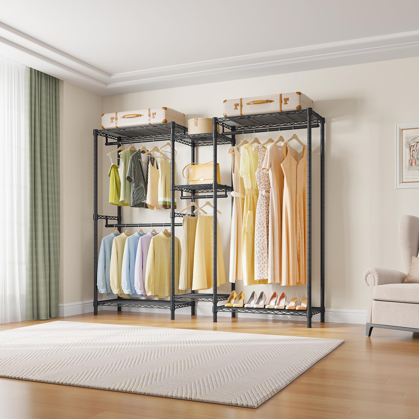 VIPEK Classic V6 Heavy Duty Clothes Rack, 7-Tier Garment Rack with Adjustable Shelves, Portable Closet Organizer with 4 Hanging Rods, Space-Saving, 850lbs Capacity, 68.9" L x 15.7" W x 76.4" H, Black