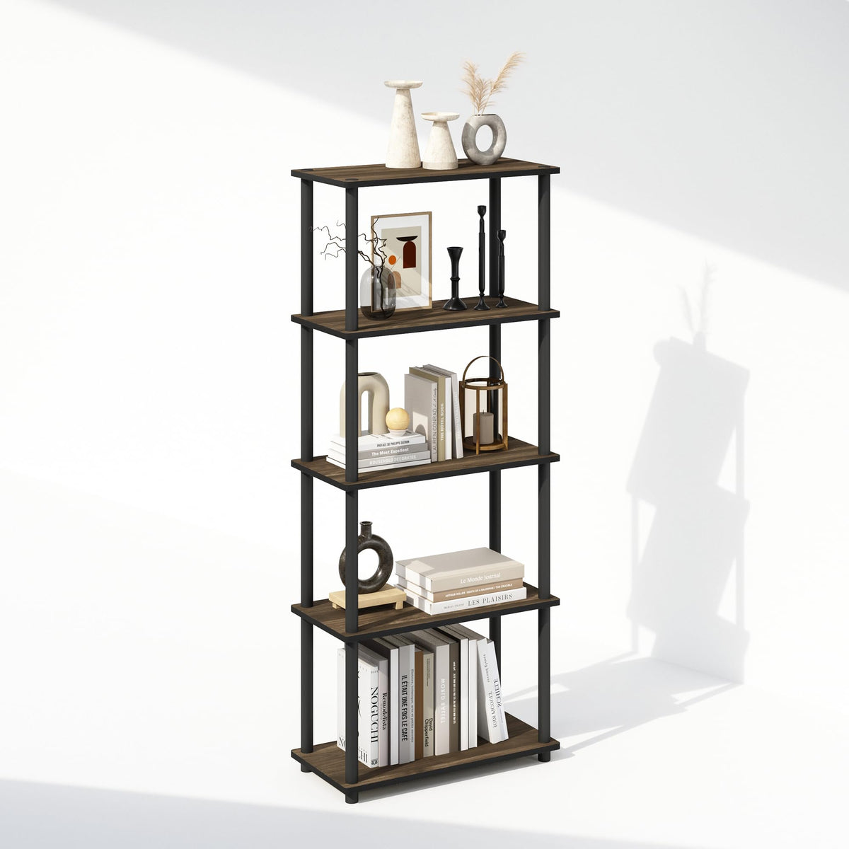 Furinno Turn-N-Tube Book Shelf, 4-Tier Bookshelf, Bookcase with Multipurpose Compact Display Rack, 11.6 x 23.6 x 43.2, for Living Room, Bedroom, Home Office, Americano/Black