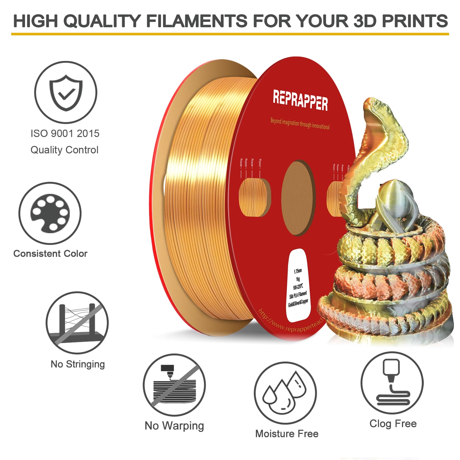 RepRapper PLA Filament, Multicolor Glitter Sample Pack, Shiny Galaxy Silk PLA1.75MM for 3D Printer, Glow in The Dark Sparkle Laser Series 3D Printer Filament, 250g*4