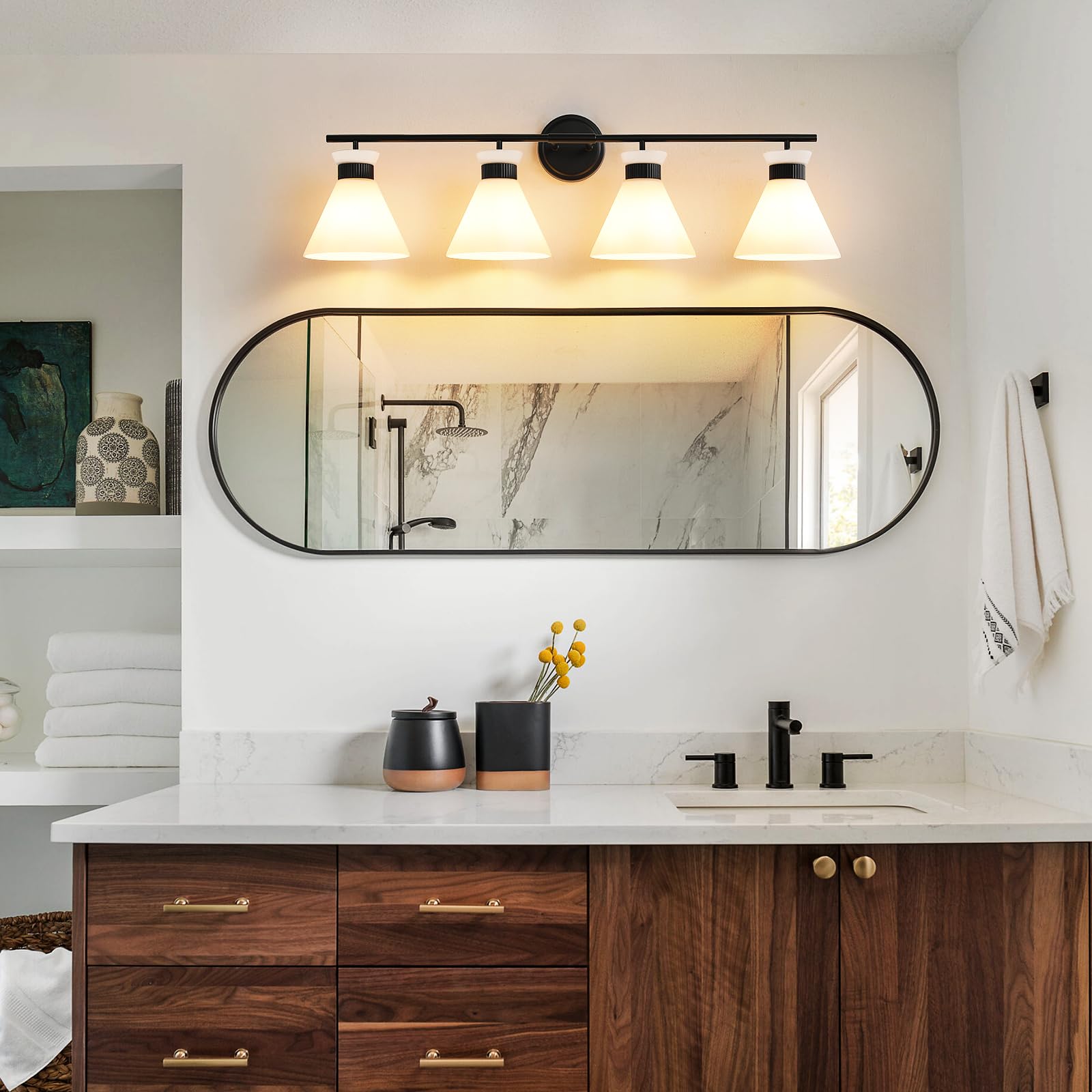 WOSHITU Gold Bathroom Light Fixtures: Modern Vanity Lighting Fixtures 2 Lights for Bathroom Mid Century Vanity Light Sconces Over Mirror with Frosted Milky Glass for Bath Bedroom Makeup